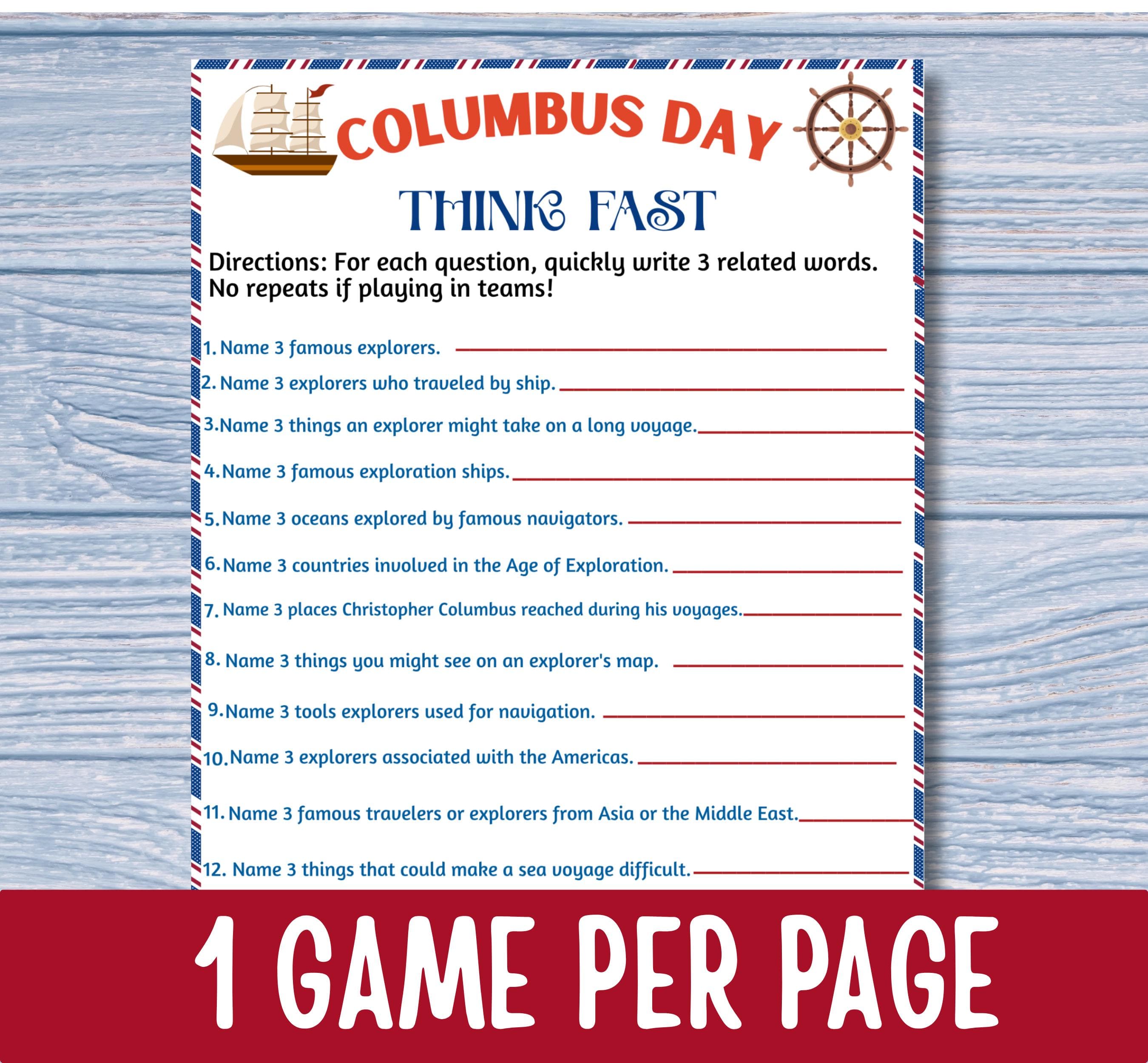Columbus Day Think Fast Game Printable, Explorer Party Game, History Classroom Activity, Social Studies Icebreaker, Name 3 Game - image 3