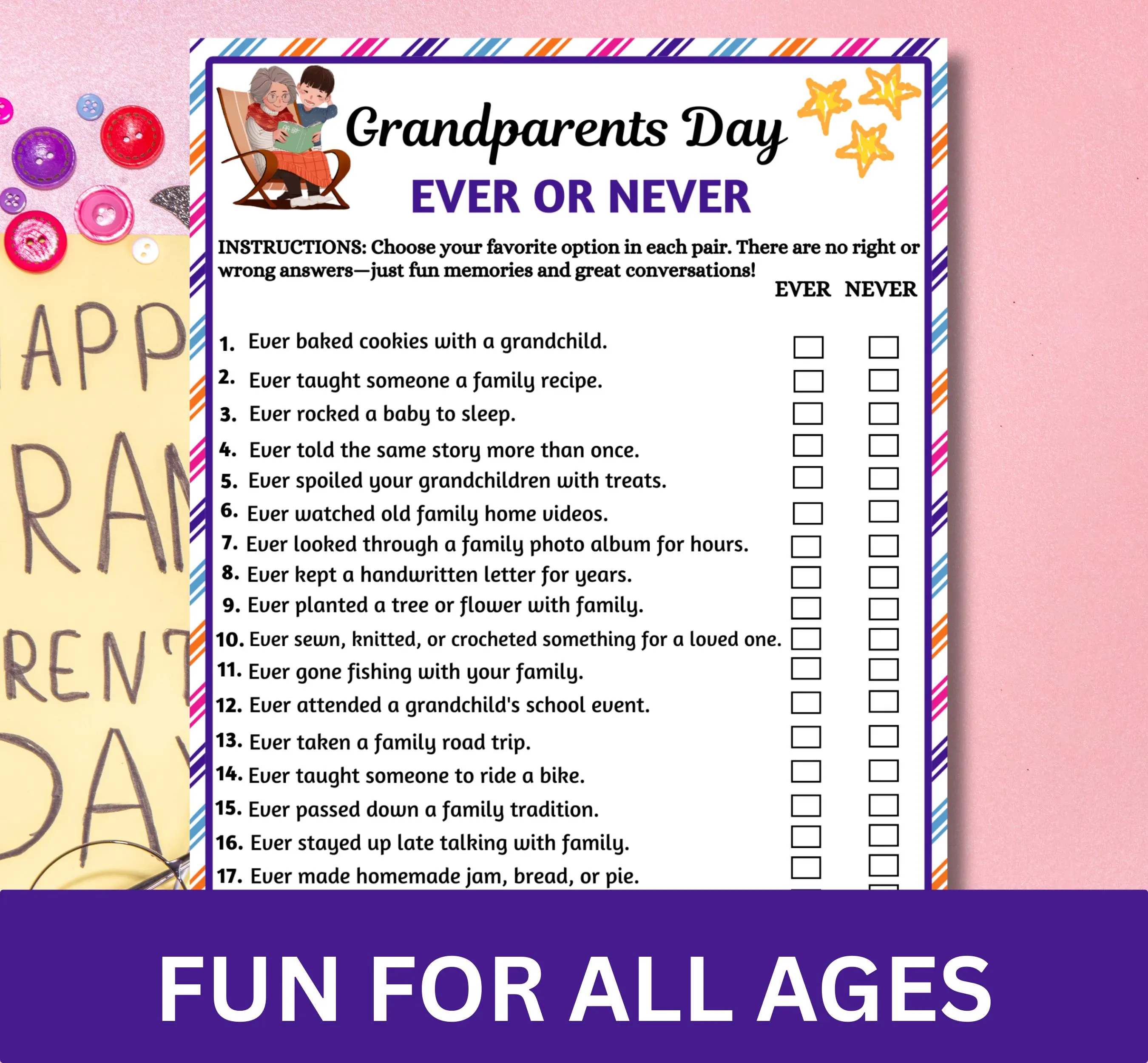 Grandparents Day Ever or Never Game Printable | Family Party Icebreaker | Grandparent Activity | Instant Download PDF - image 5