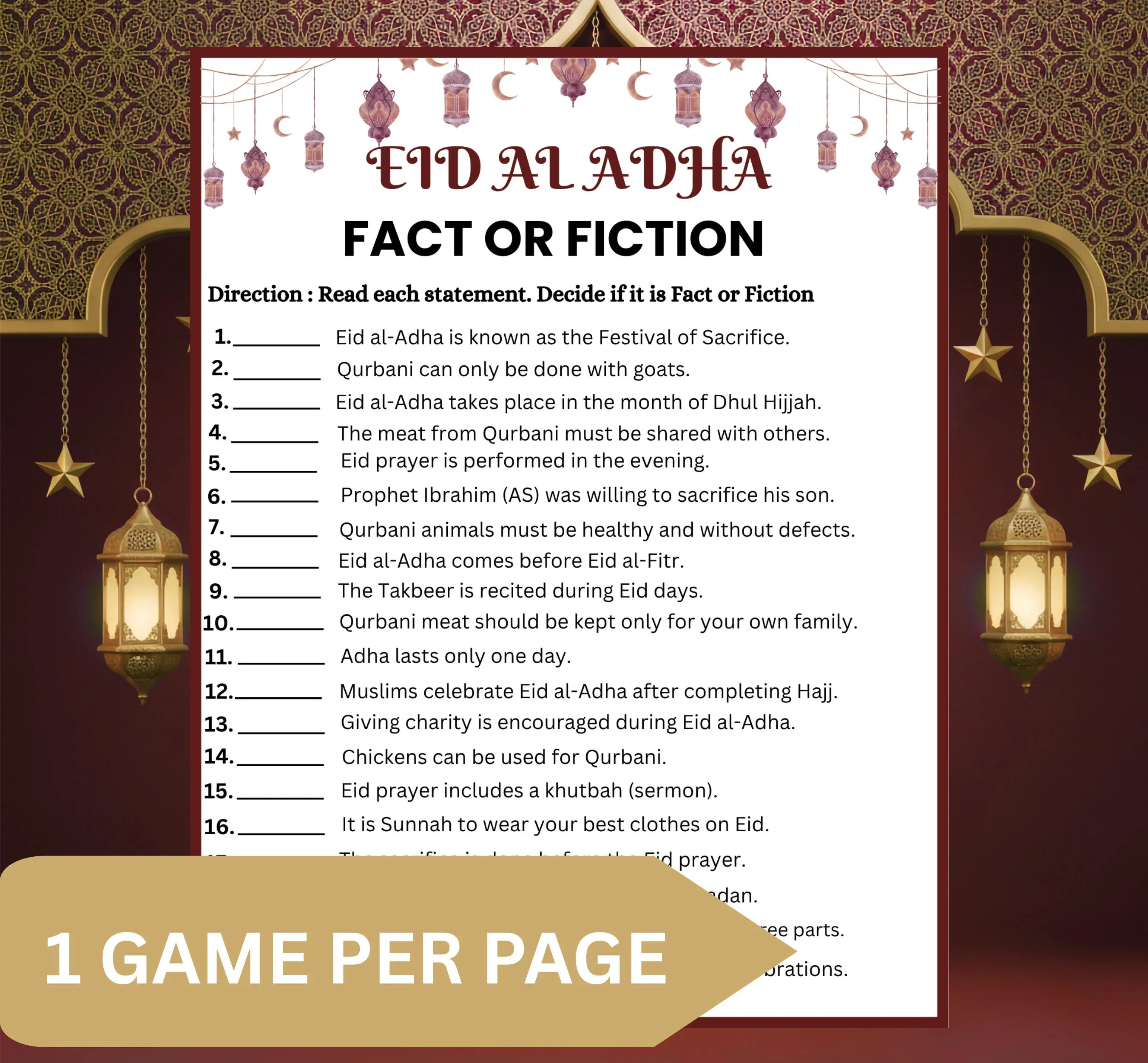 Eid al Adha Fact or Fiction Game Printable | Eid Party Activity | Islamic Holiday Trivia | Classroom Icebreaker | Family Fun PDF - image 5