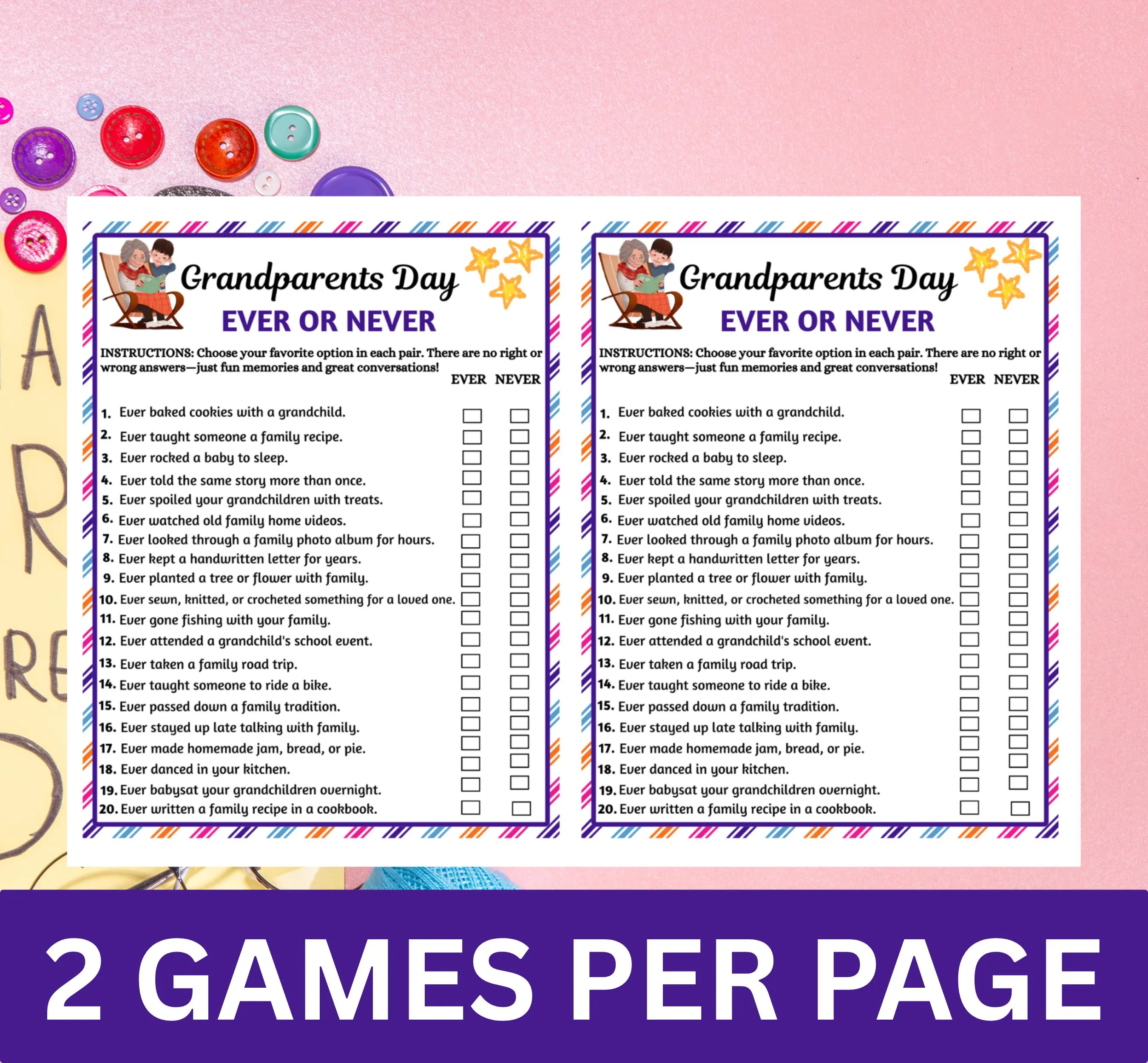 Grandparents Day Ever or Never Game Printable | Family Party Icebreaker | Grandparent Activity | Instant Download PDF - image 4