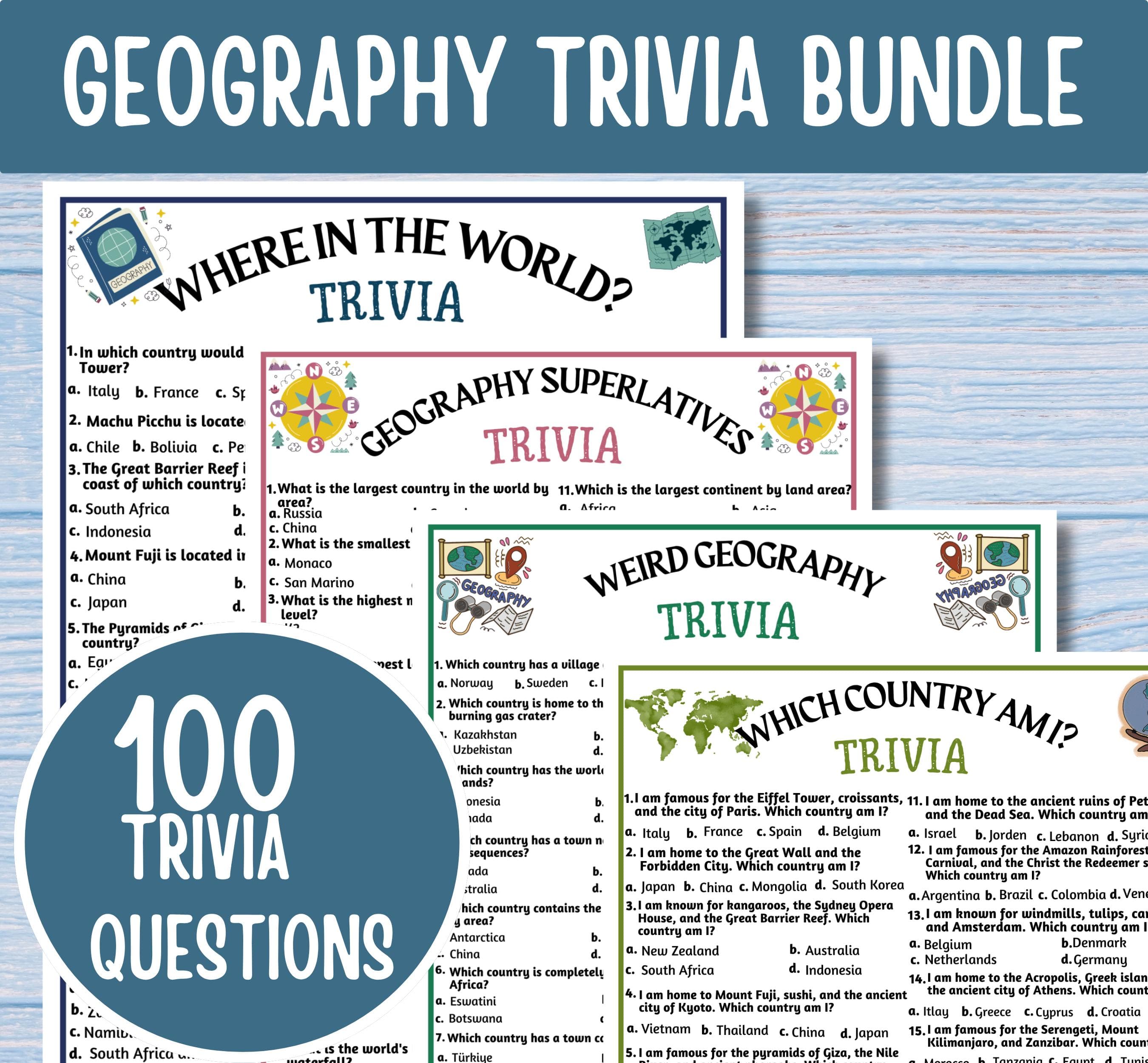 Geography Trivia Bundle 100 Questions | World Geography Quiz Printable | Geography Game | Travel Trivia | Classroom Activity