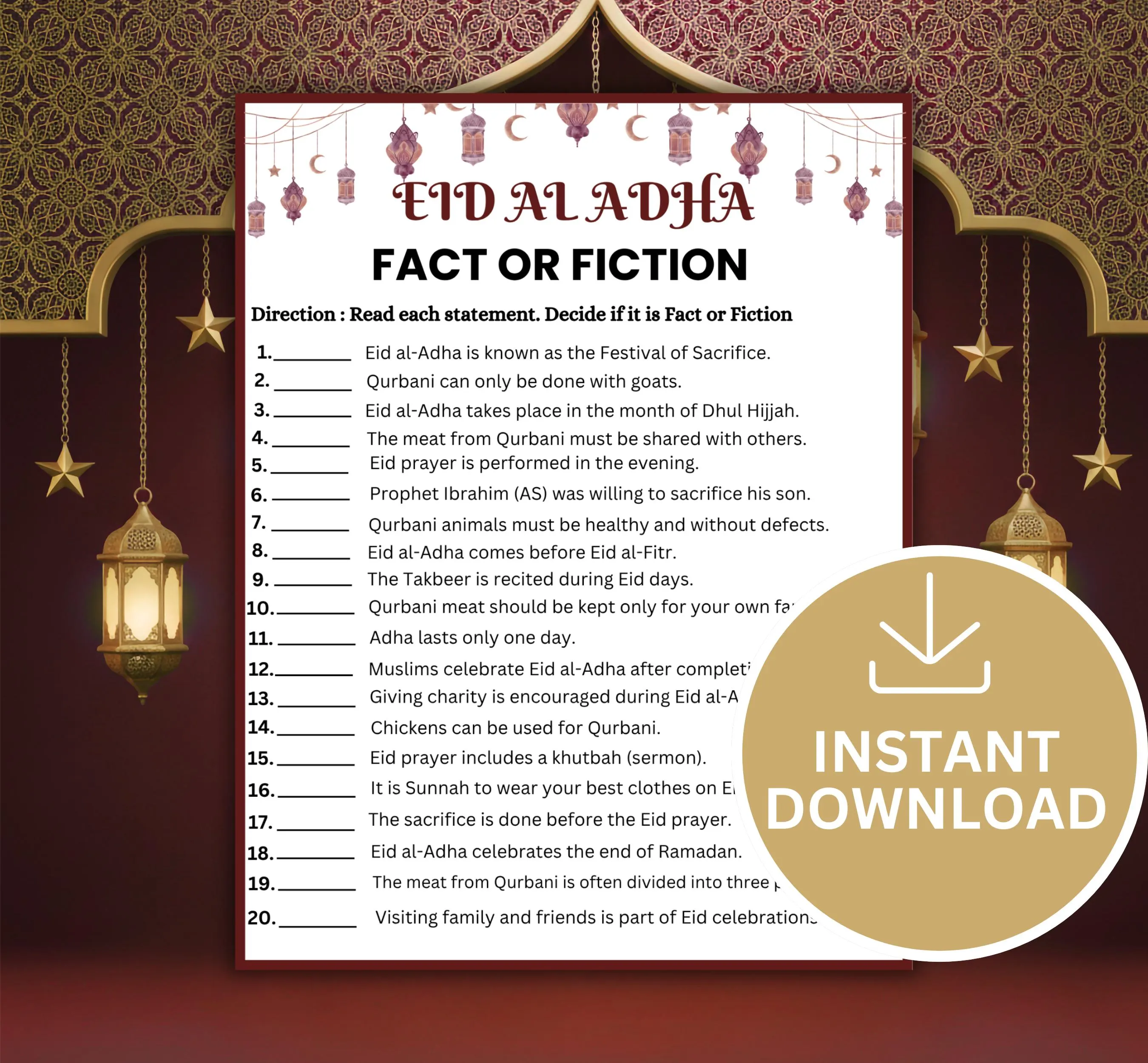 Eid al Adha Fact or Fiction Game Printable | Eid Party Activity | Islamic Holiday Trivia | Classroom Icebreaker | Family Fun PDF