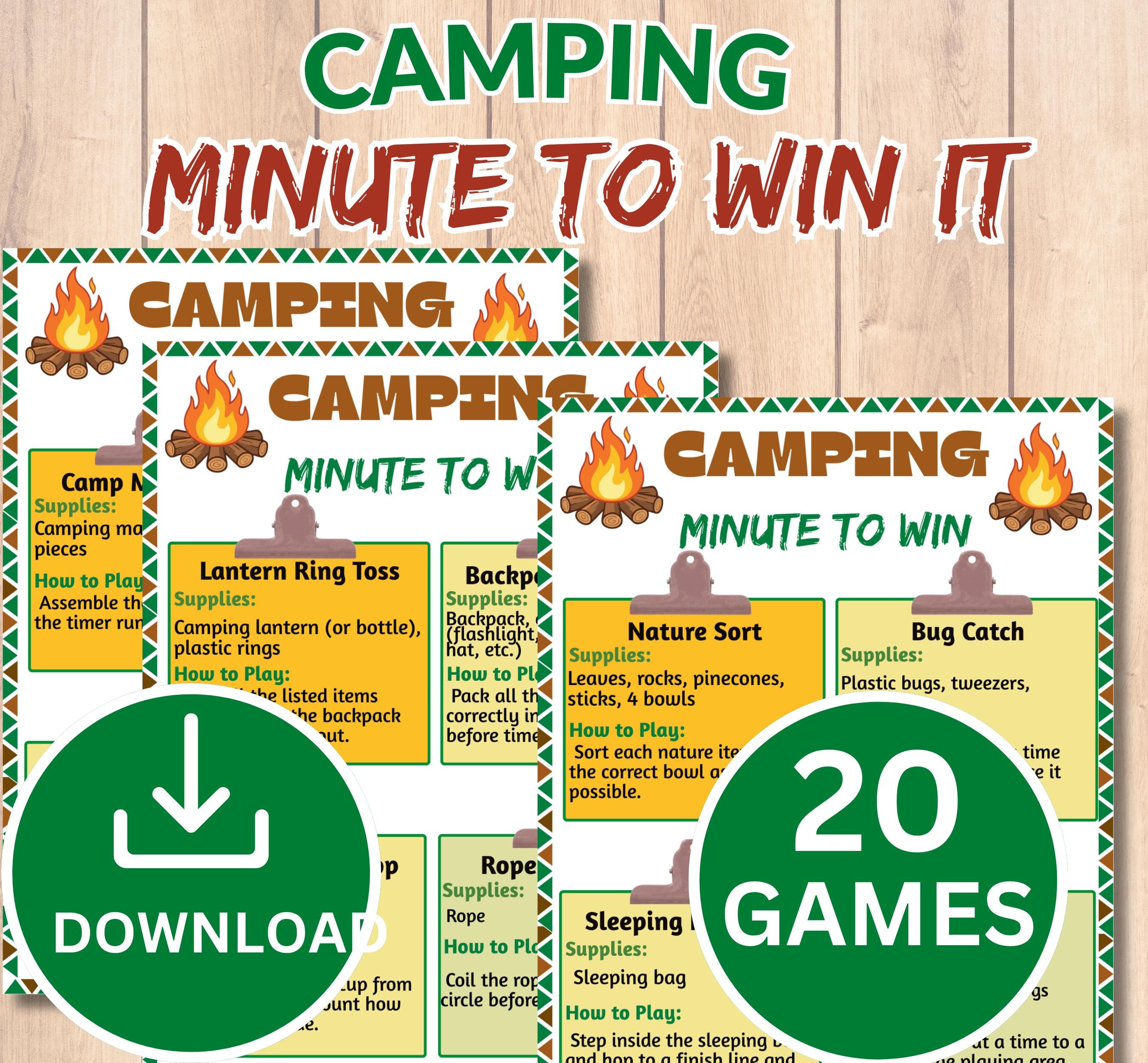 Camping Minute to Win It Games Printable | Camp Party Games | Family Reunion Activities | Kids & Adults Camping PDF Bundle