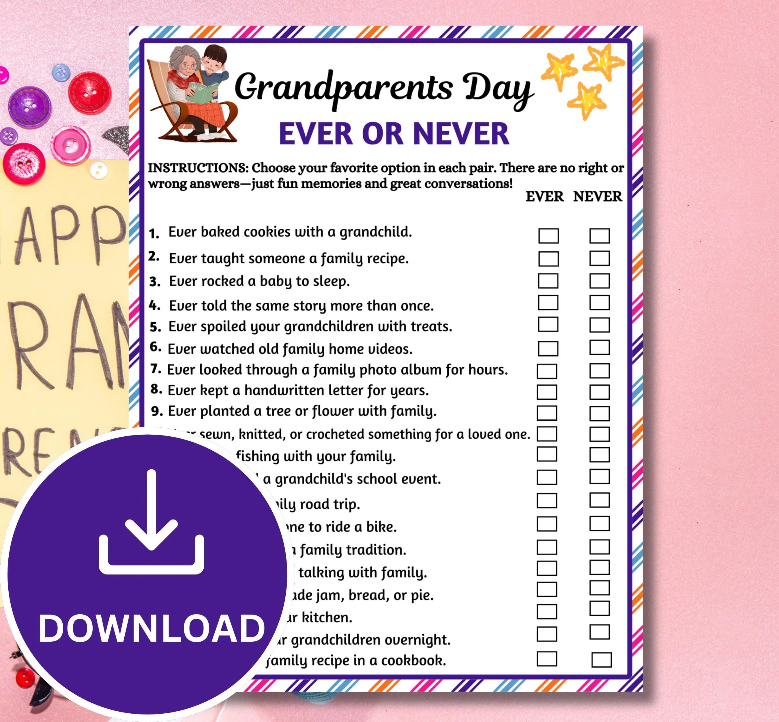 Grandparents Day Ever or Never Game Printable | Family Party Icebreaker | Grandparent Activity | Instant Download PDF