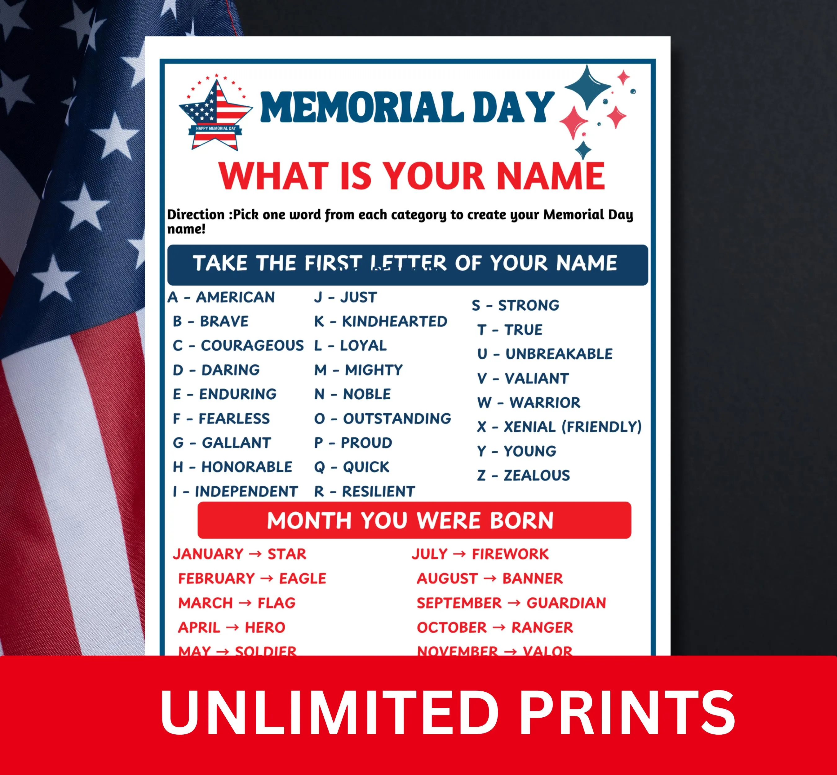 Memorial Day Name Game Printable | What Is Your Patriotic Name Game | Party Activity | Classroom Fun PDF - image 3