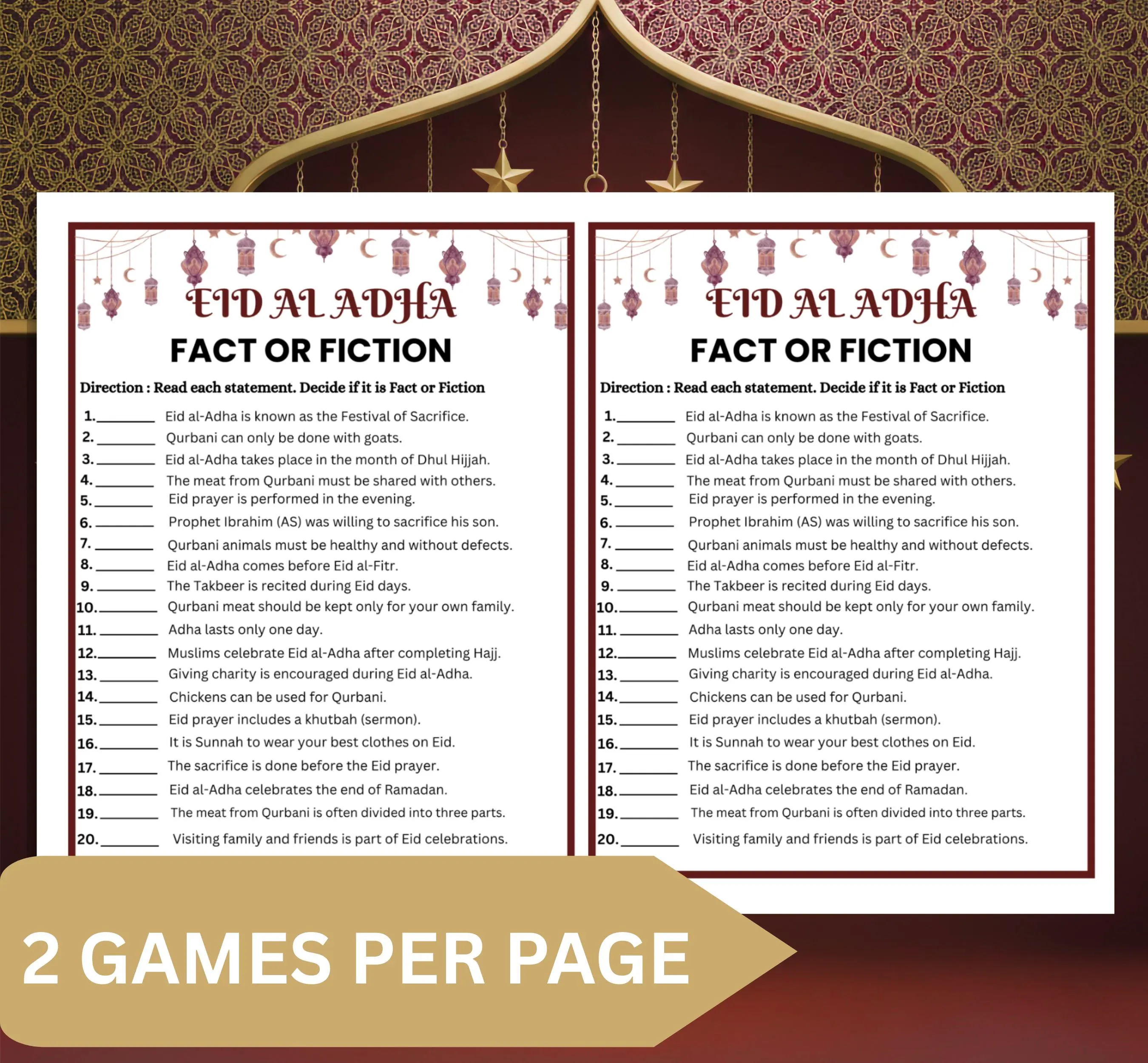 Eid al Adha Fact or Fiction Game Printable | Eid Party Activity | Islamic Holiday Trivia | Classroom Icebreaker | Family Fun PDF - image 4