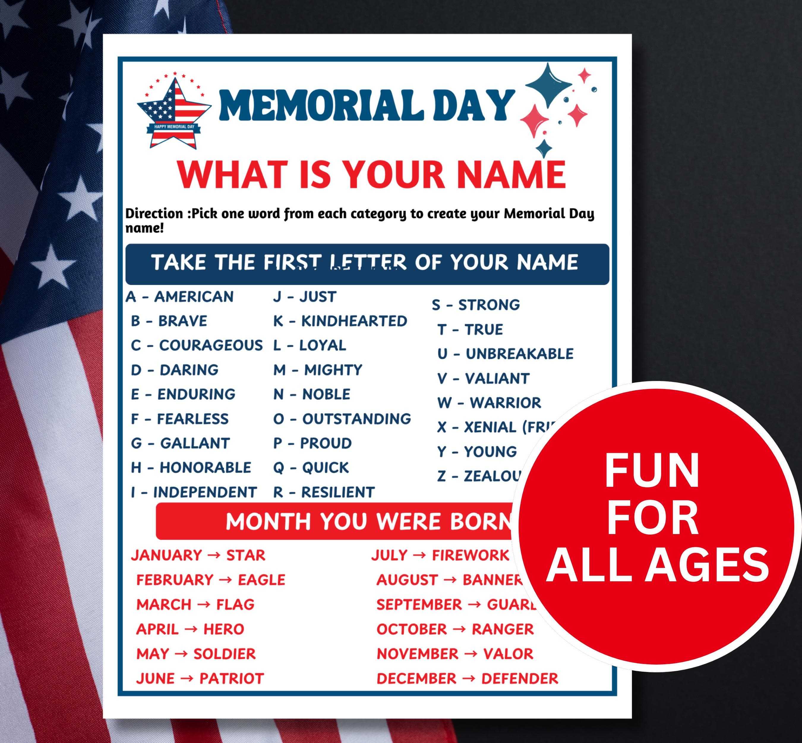 Memorial Day Name Game Printable | What Is Your Patriotic Name Game | Party Activity | Classroom Fun PDF - image 4