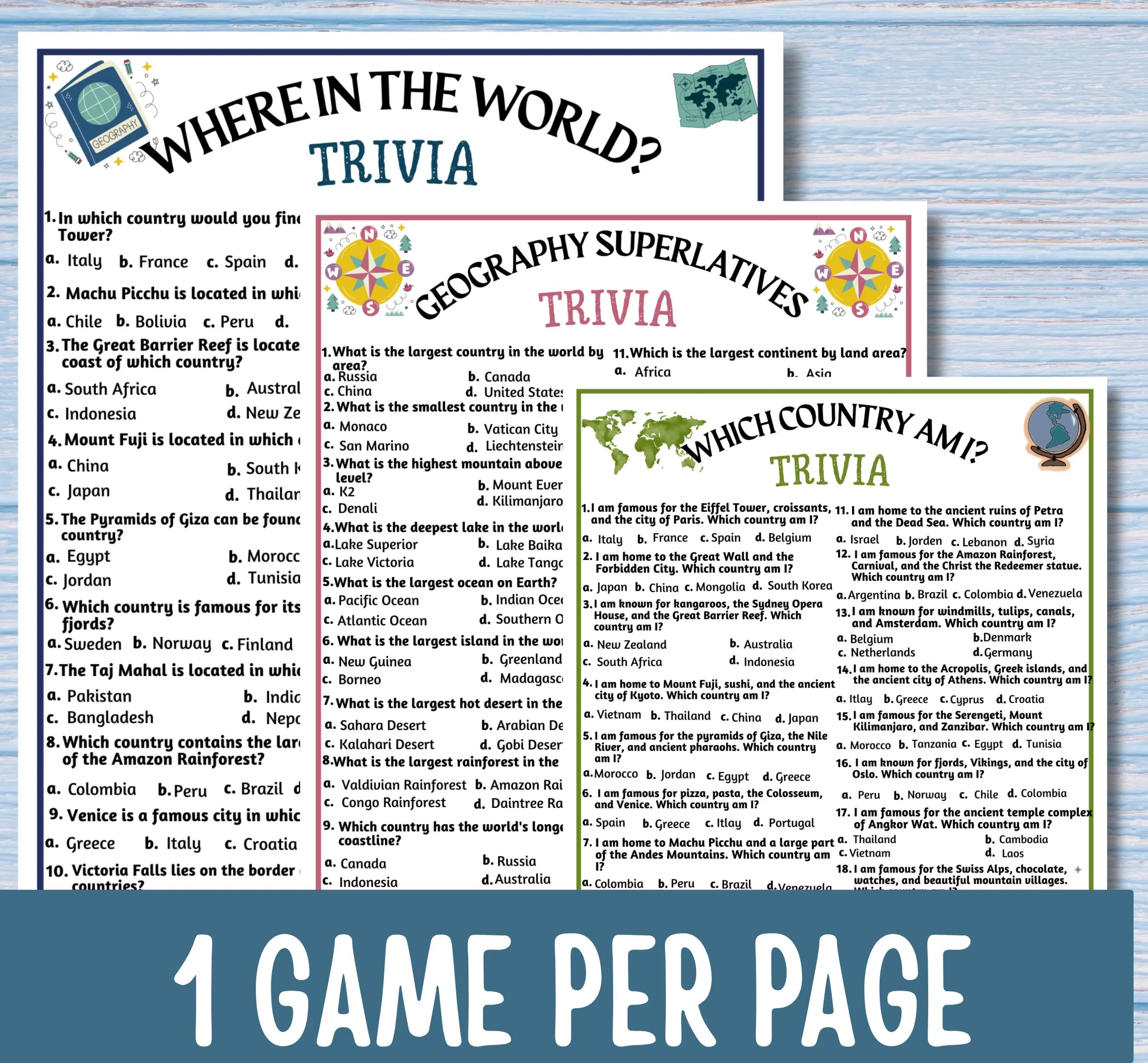 Geography Trivia Bundle 100 Questions | World Geography Quiz Printable | Geography Game | Travel Trivia | Classroom Activity - image 5