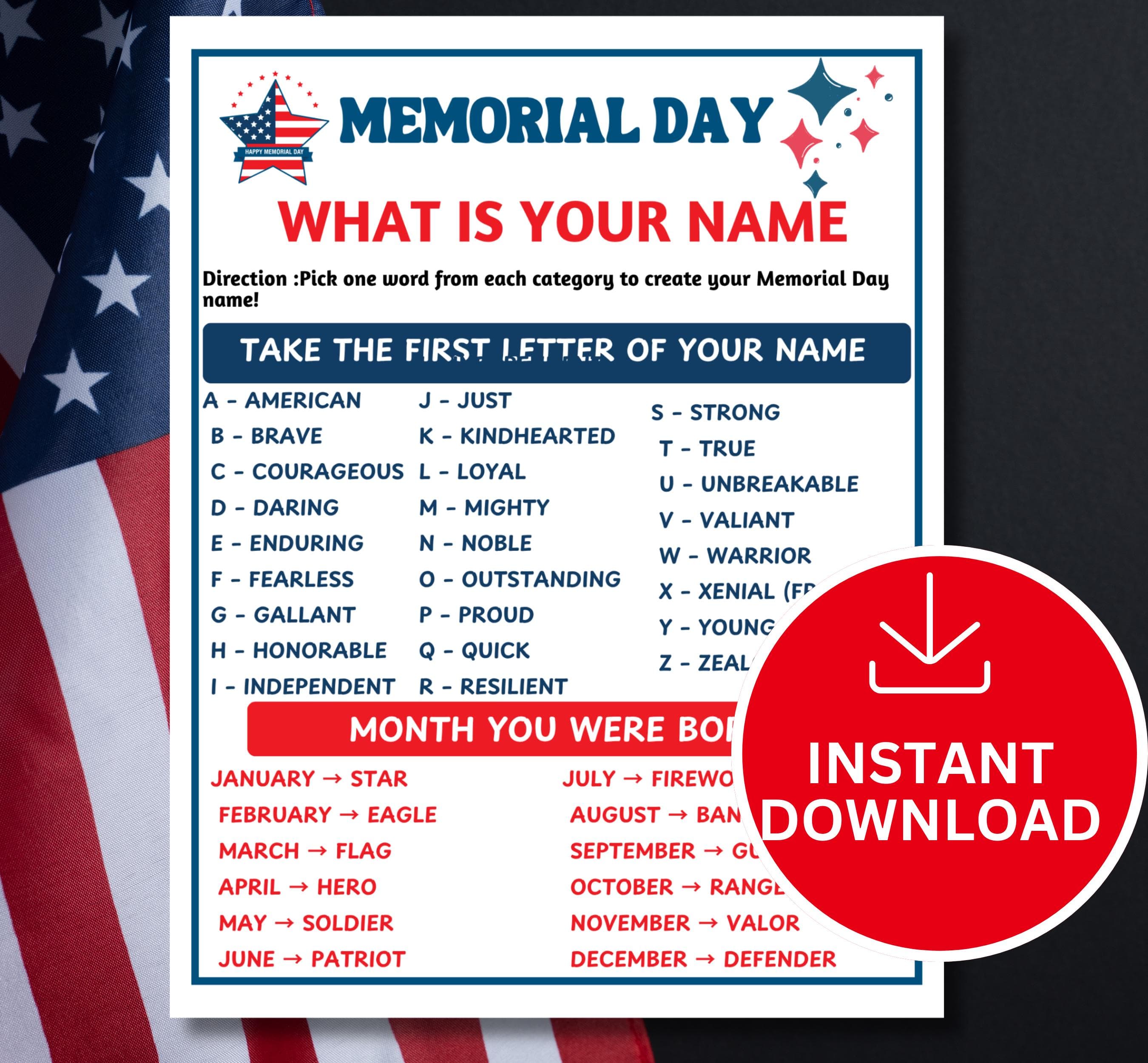 Memorial Day Name Game Printable | What Is Your Patriotic Name Game | Party Activity | Classroom Fun PDF