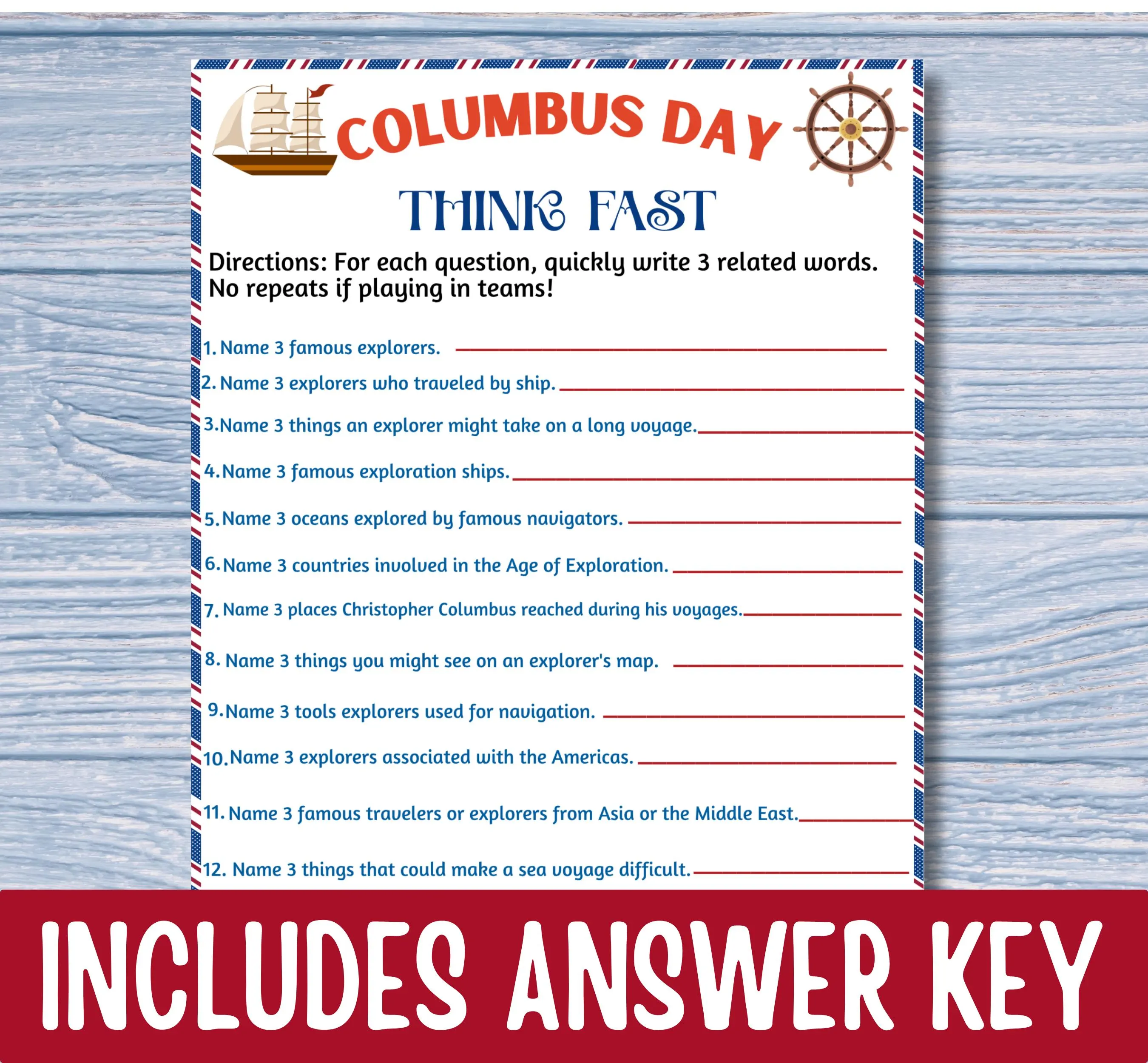 Columbus Day Think Fast Game Printable, Explorer Party Game, History Classroom Activity, Social Studies Icebreaker, Name 3 Game - image 4