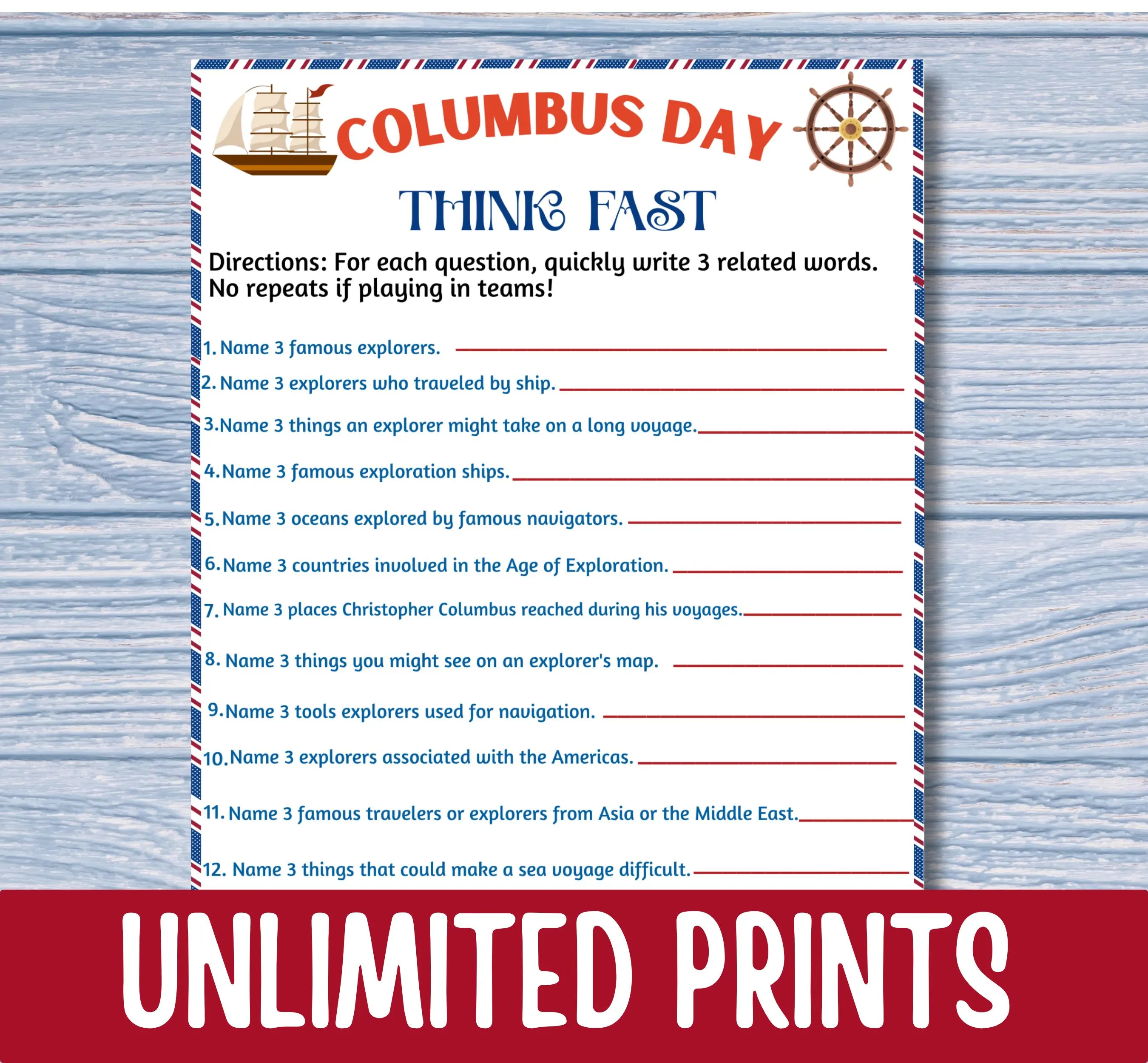 Columbus Day Think Fast Game Printable, Explorer Party Game, History Classroom Activity, Social Studies Icebreaker, Name 3 Game - image 5