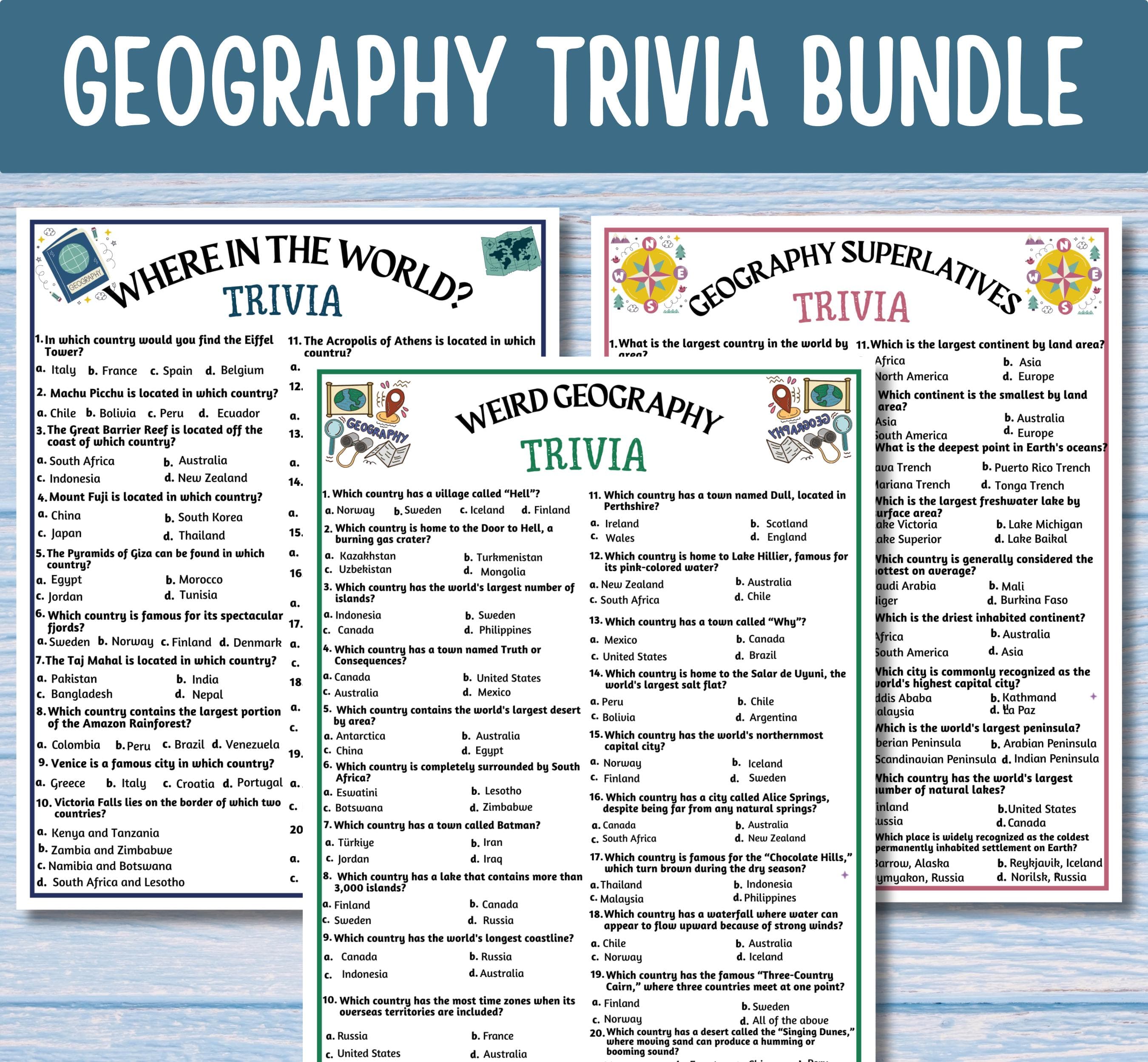 Geography Trivia Bundle 100 Questions | World Geography Quiz Printable | Geography Game | Travel Trivia | Classroom Activity - image 3