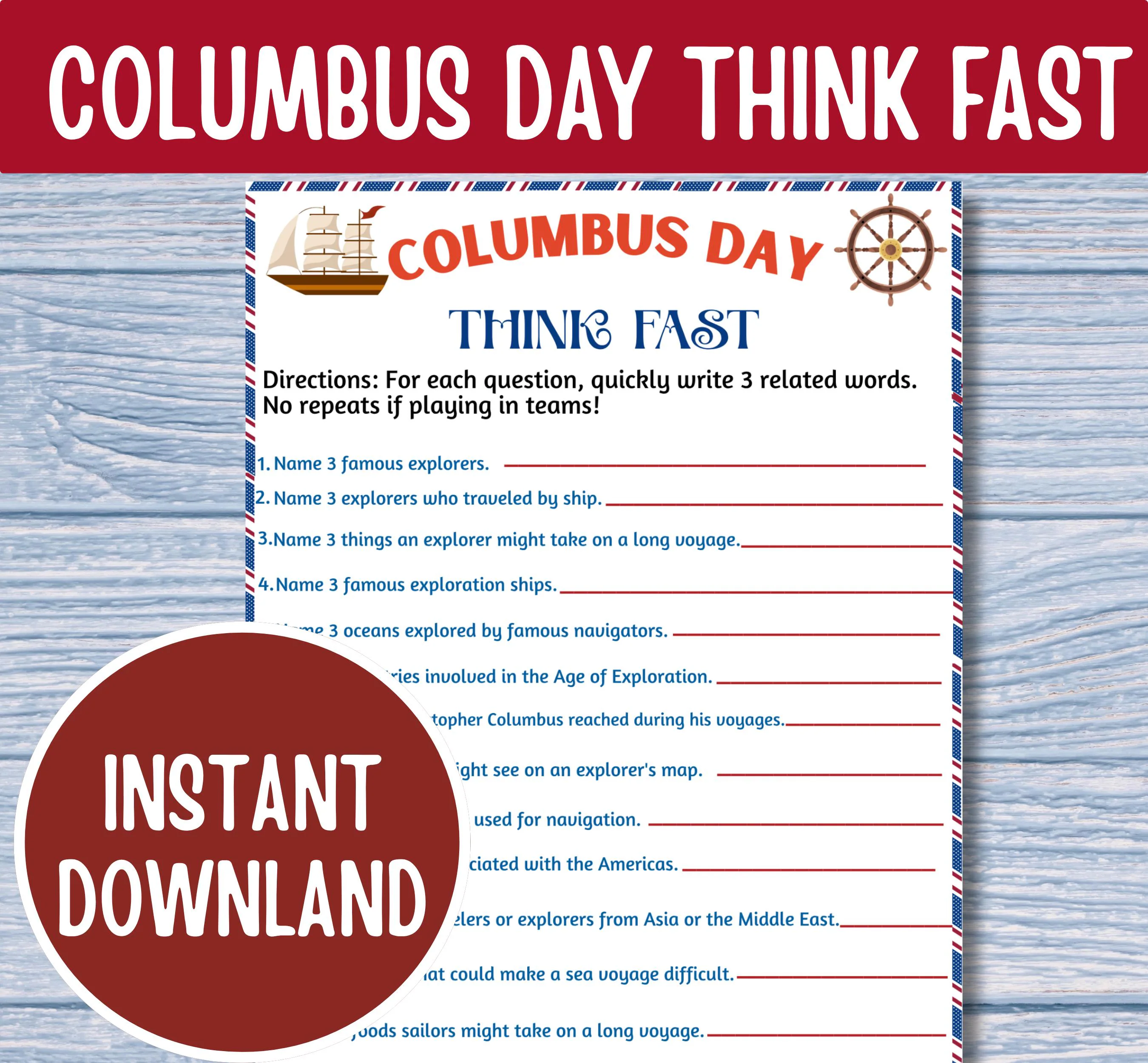 Columbus Day Think Fast Game Printable, Explorer Party Game, History Classroom Activity, Social Studies Icebreaker, Name 3 Game