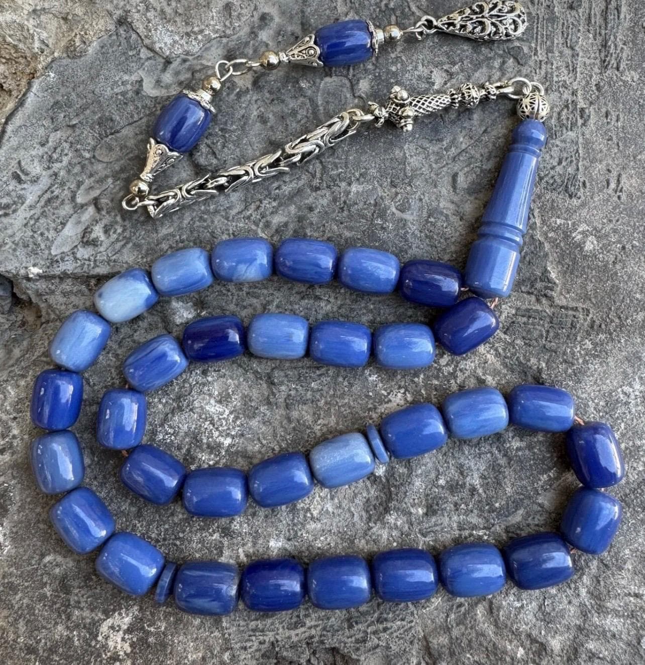 Handmade Blue Amber Tasbih Prayer Beads: Cylindrical Rosary Gift - image 2