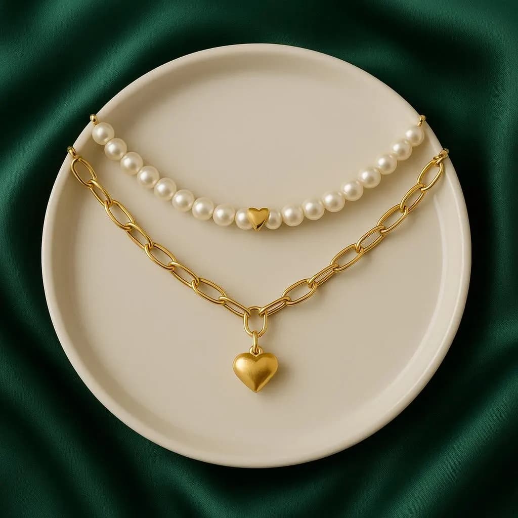 Handmade Pearl & Gold Heart Necklace Set | Layered Choker - image 3