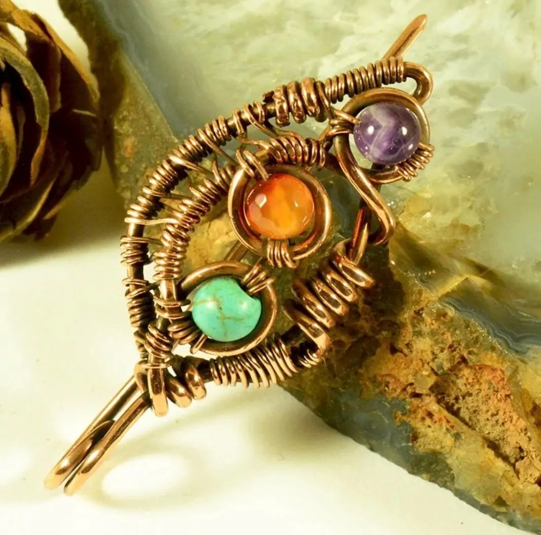 Handmade Copper Wire Wrapped Gemstone Brooch – Boho Lapel Pin - image 3