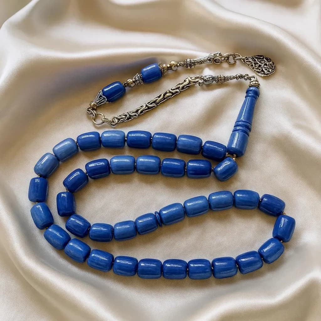 Handmade Blue Amber Tasbih Prayer Beads: Cylindrical Rosary Gift