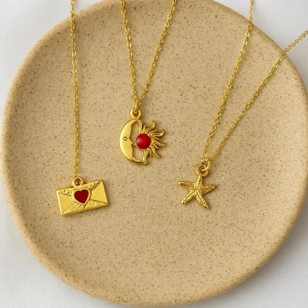 Gold Charm Necklace Set – Sun, Moon, Starfish, Heart Pendants