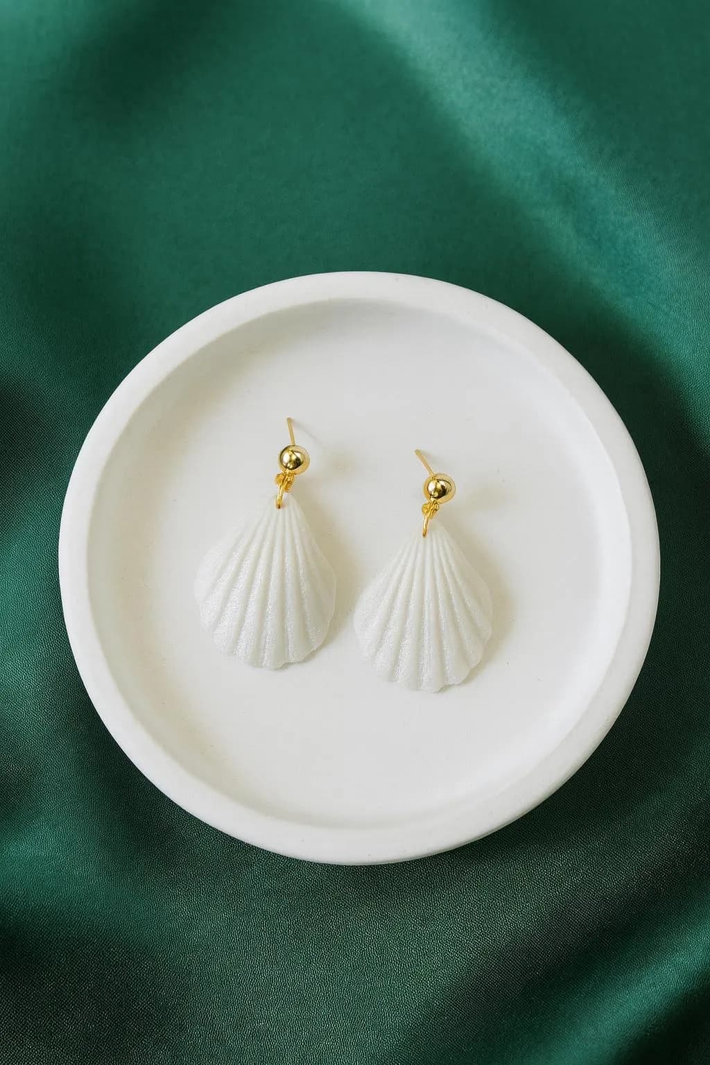 Handmade White Polymer Clay Earrings: Seashell Dangle Jewelry