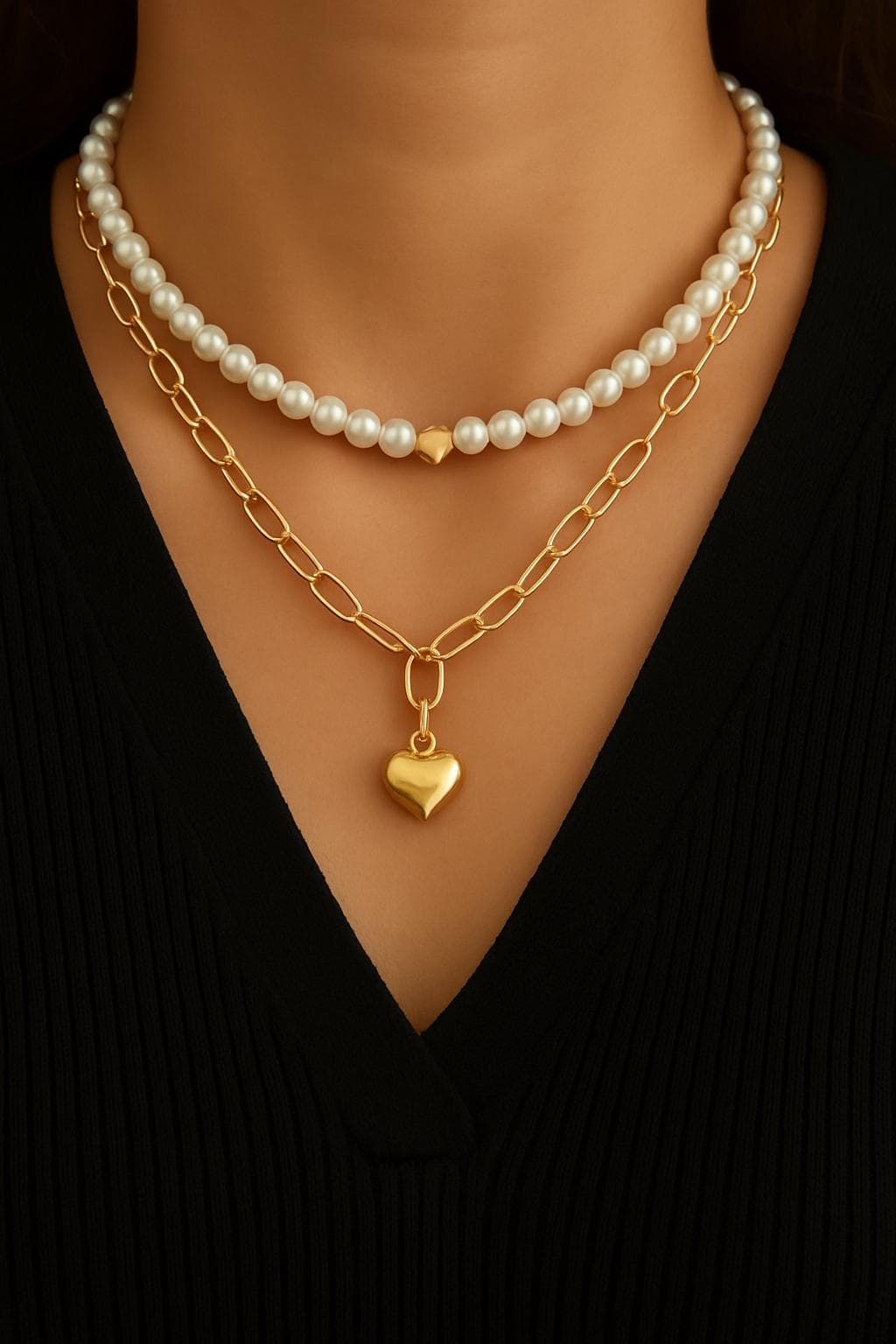 Handmade Pearl & Gold Heart Necklace Set | Layered Choker