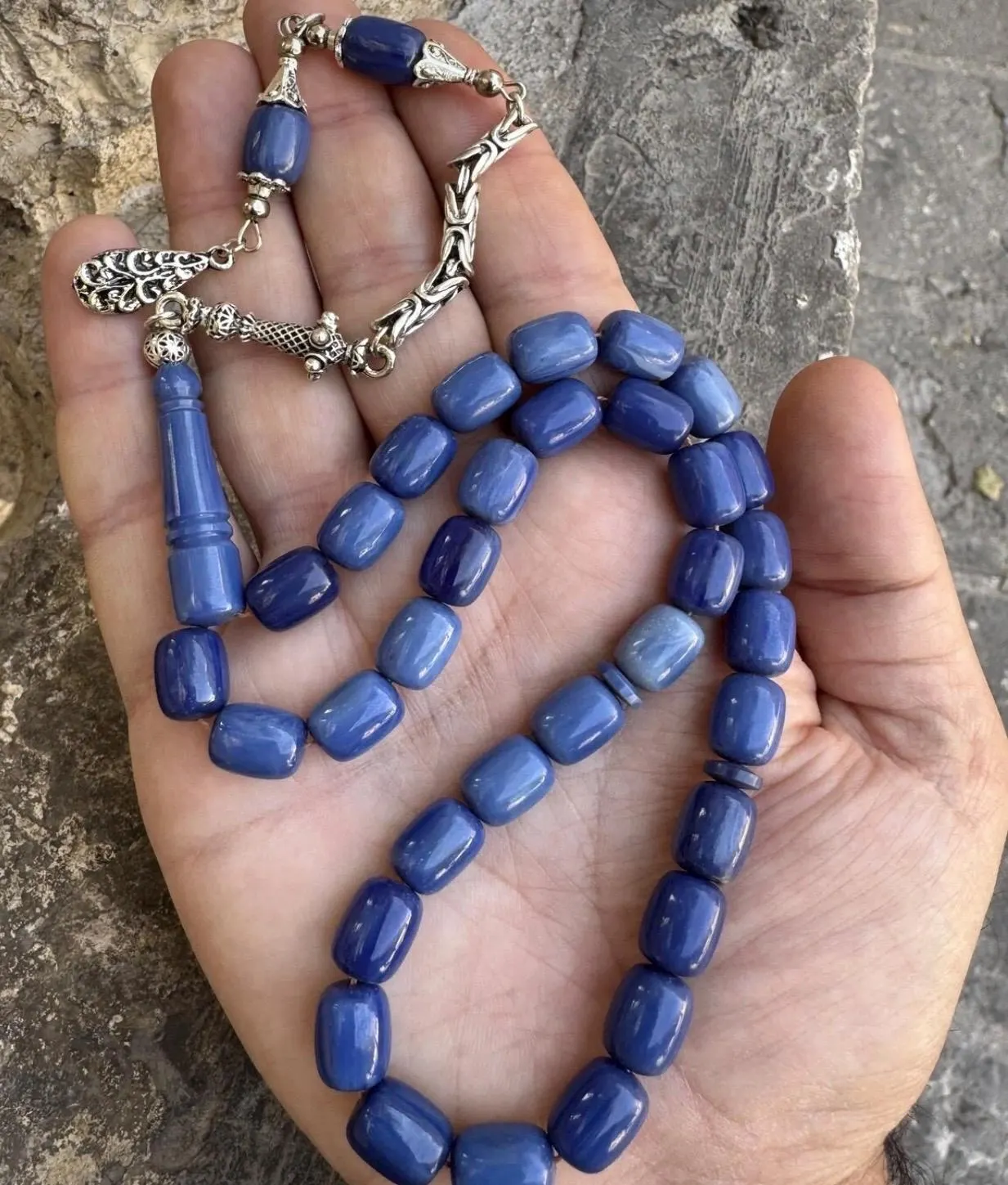 Handmade Blue Amber Tasbih Prayer Beads: Cylindrical Rosary Gift - image 3