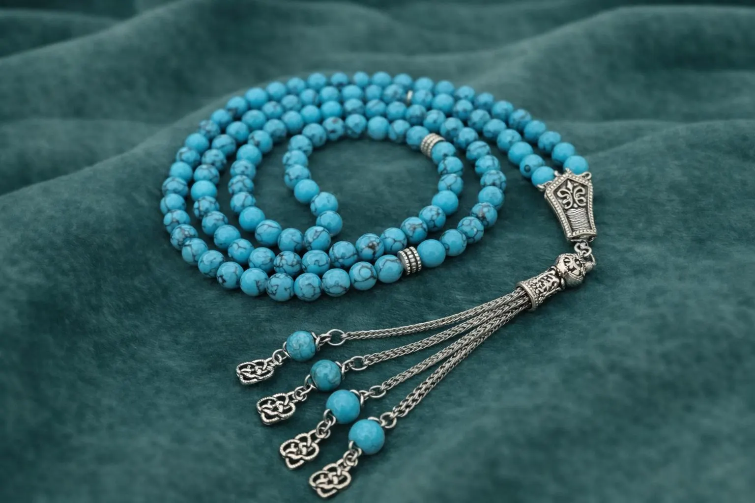 99 Bead Natural Turquoise Prayer Beads – 8mm Handmade Islamic Tasbih – Natural Stone Misbaha