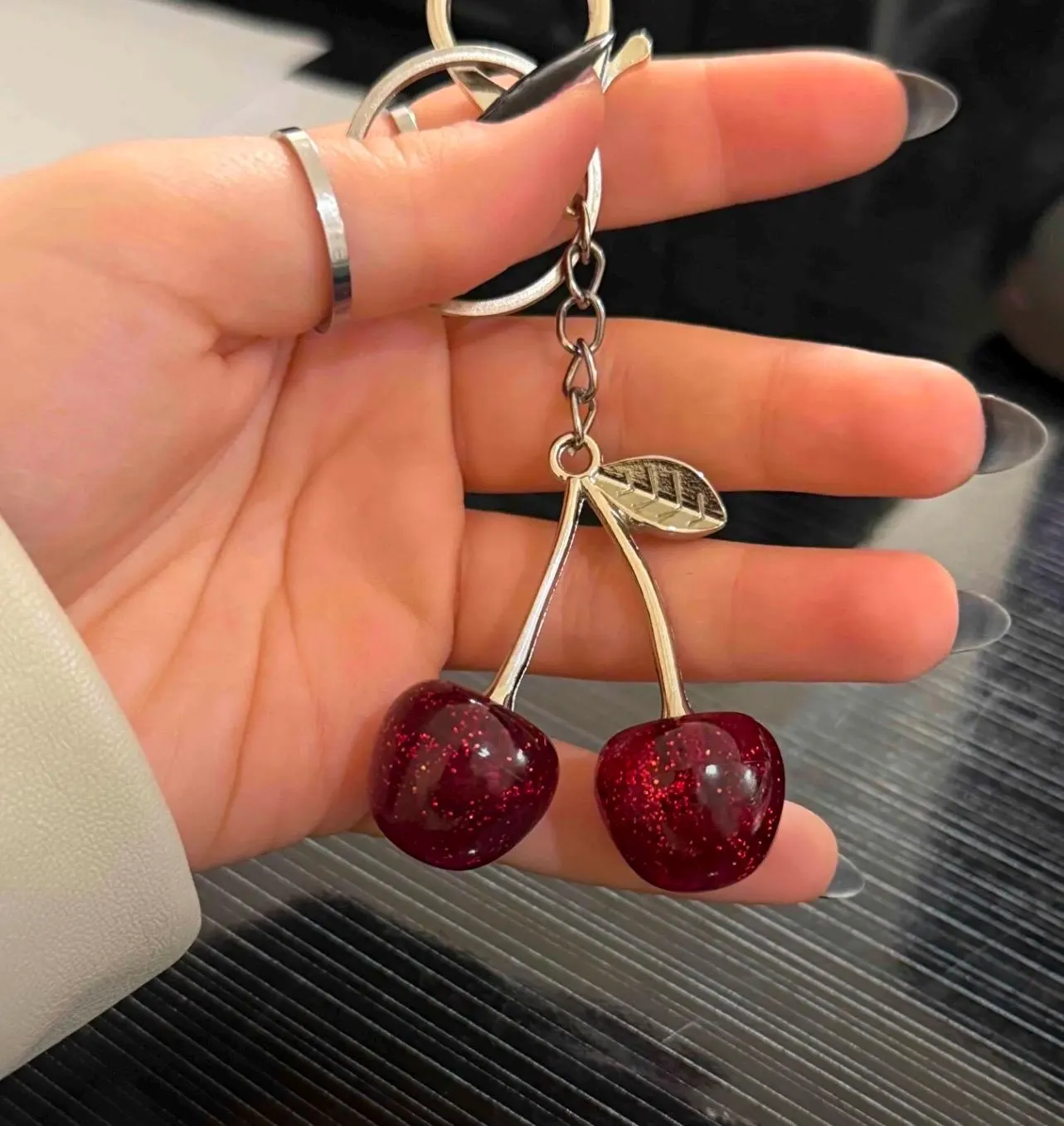 Red Cherry Keychain: Sparkling Resin & Silver Bag Charm - image 3