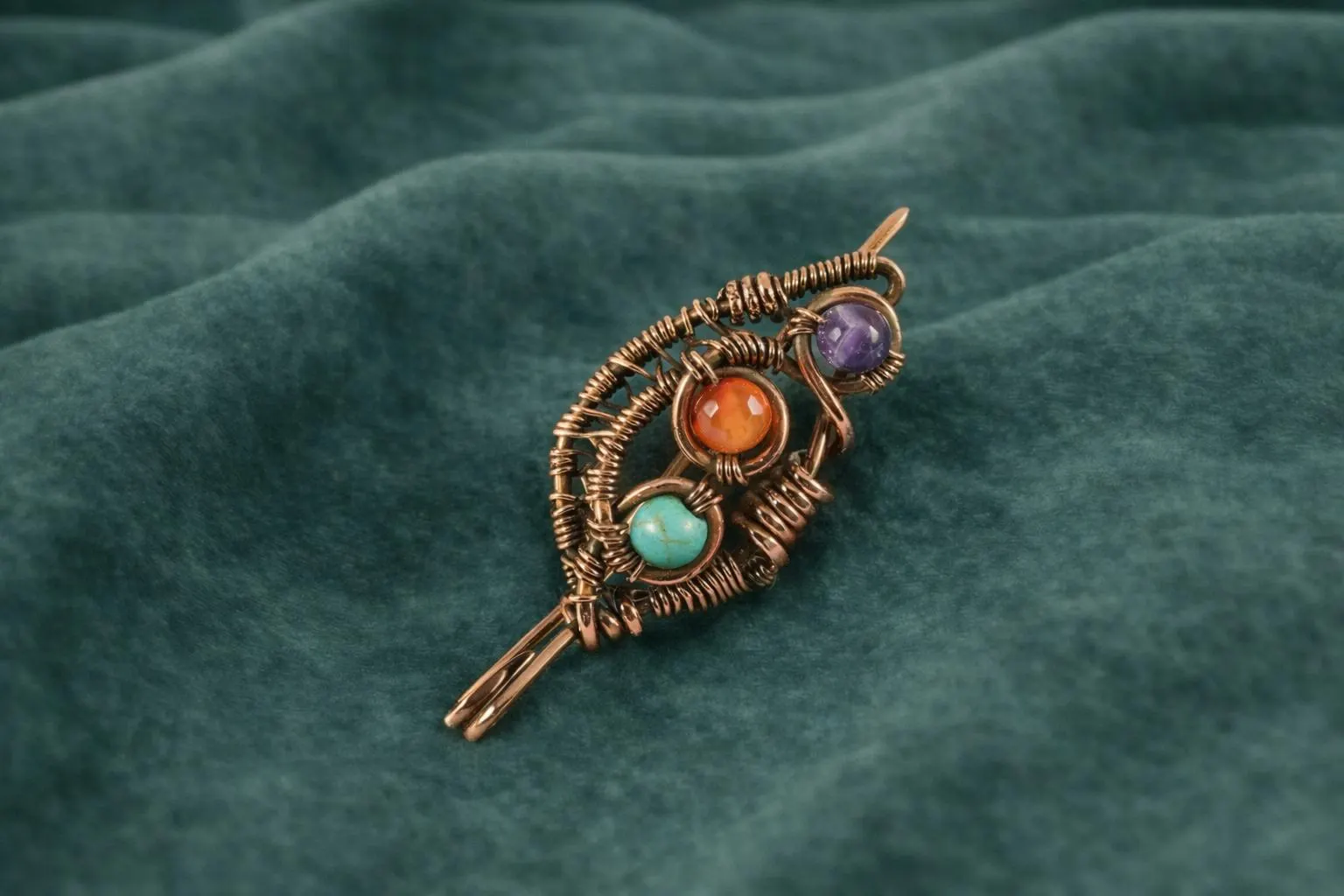 Handmade Copper Wire Wrapped Gemstone Brooch – Boho Lapel Pin