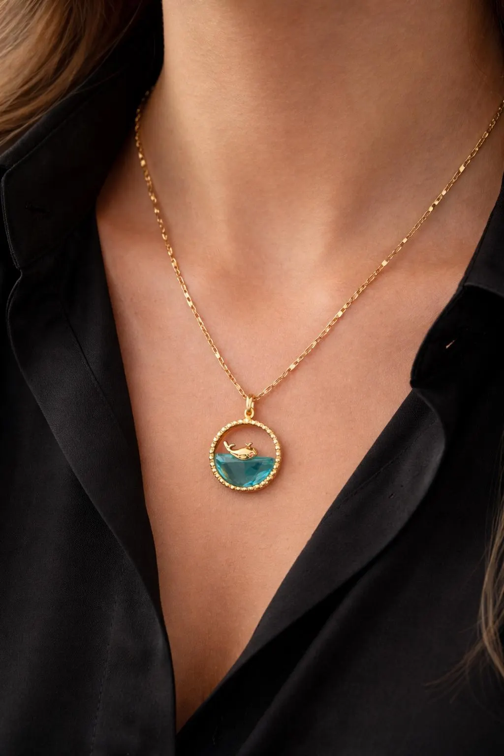 Gold Dolphin Pendant Necklace, Stainless Steel Ocean Jewelry, Handmade