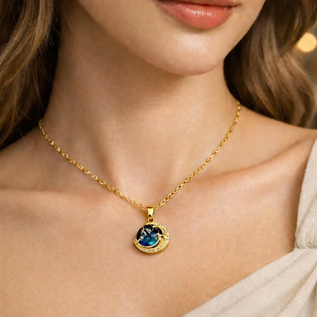 Gold Star Moon Necklace, Celestial Galaxy Pendant, Zircon Crystal Women Necklace, Minimalist Space Jewelry