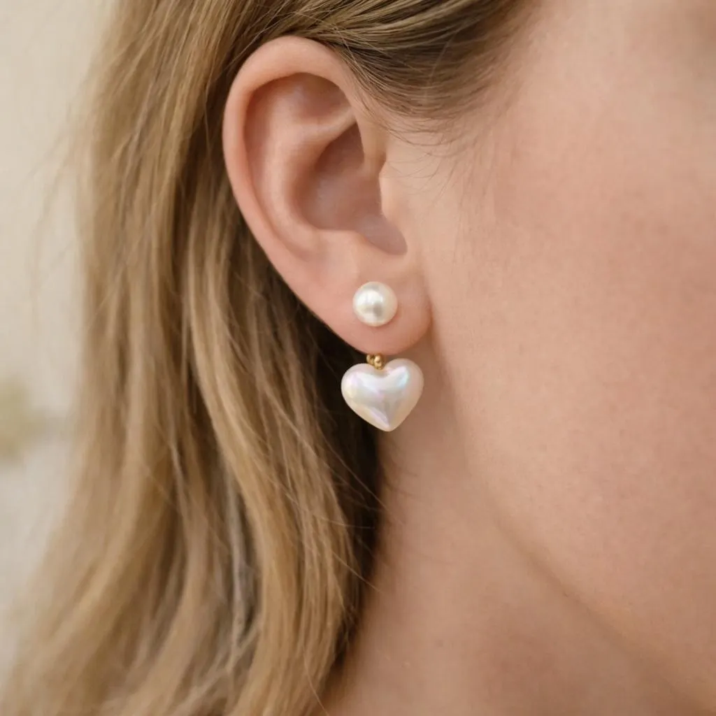 Handmade Pearl Heart Dangle Earrings, Romantic Jewelry