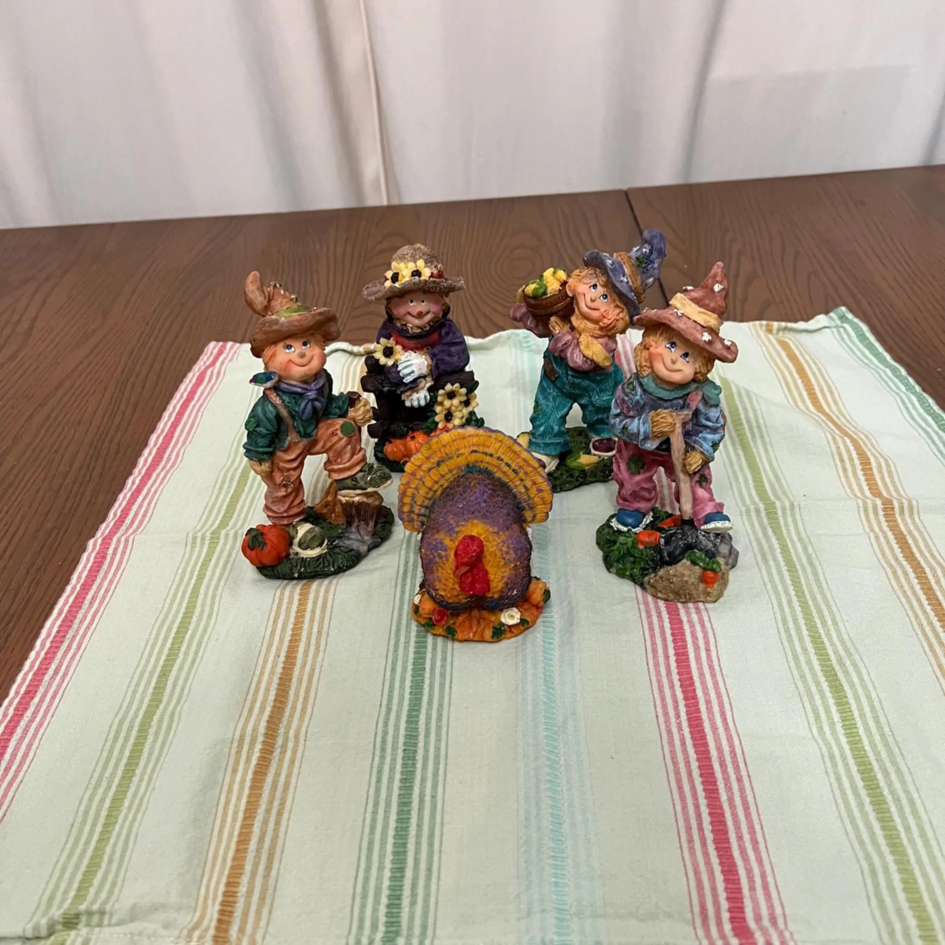 Five Colorful Vintage Fall Figurines Scarecrows and Turkey, Thanksgiving Halloween Decorations