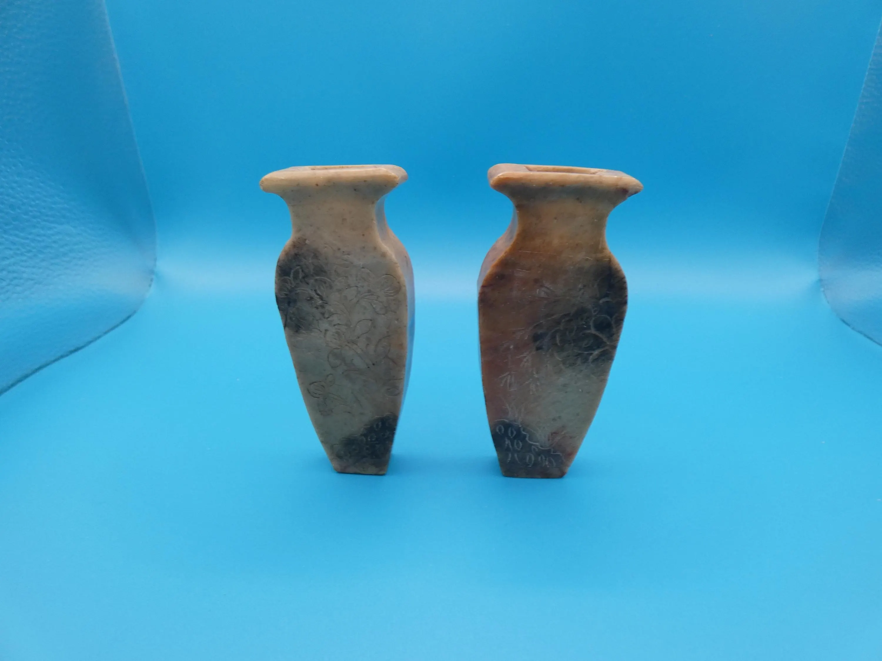Two Small Carved Stone Vases: Etched Asian Floral Design