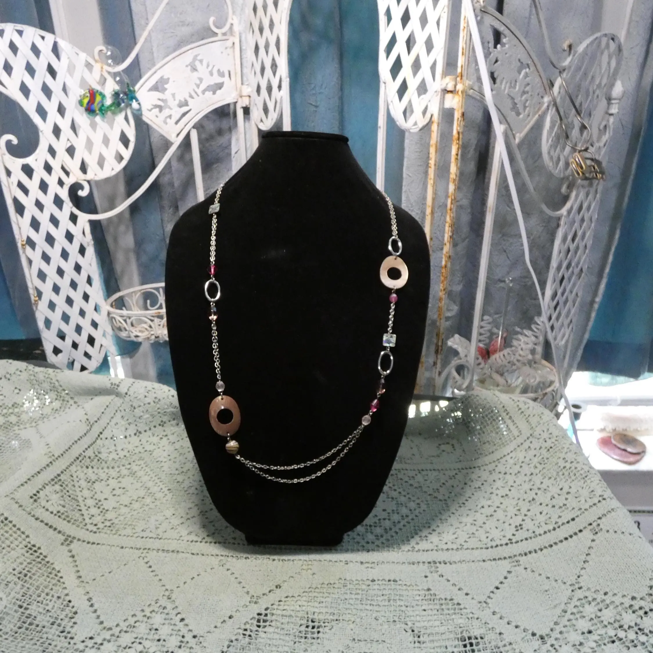 Vintage Lia Sophia Abalone Shell Necklace: Silver Tone Chain, Pink Glass Beads