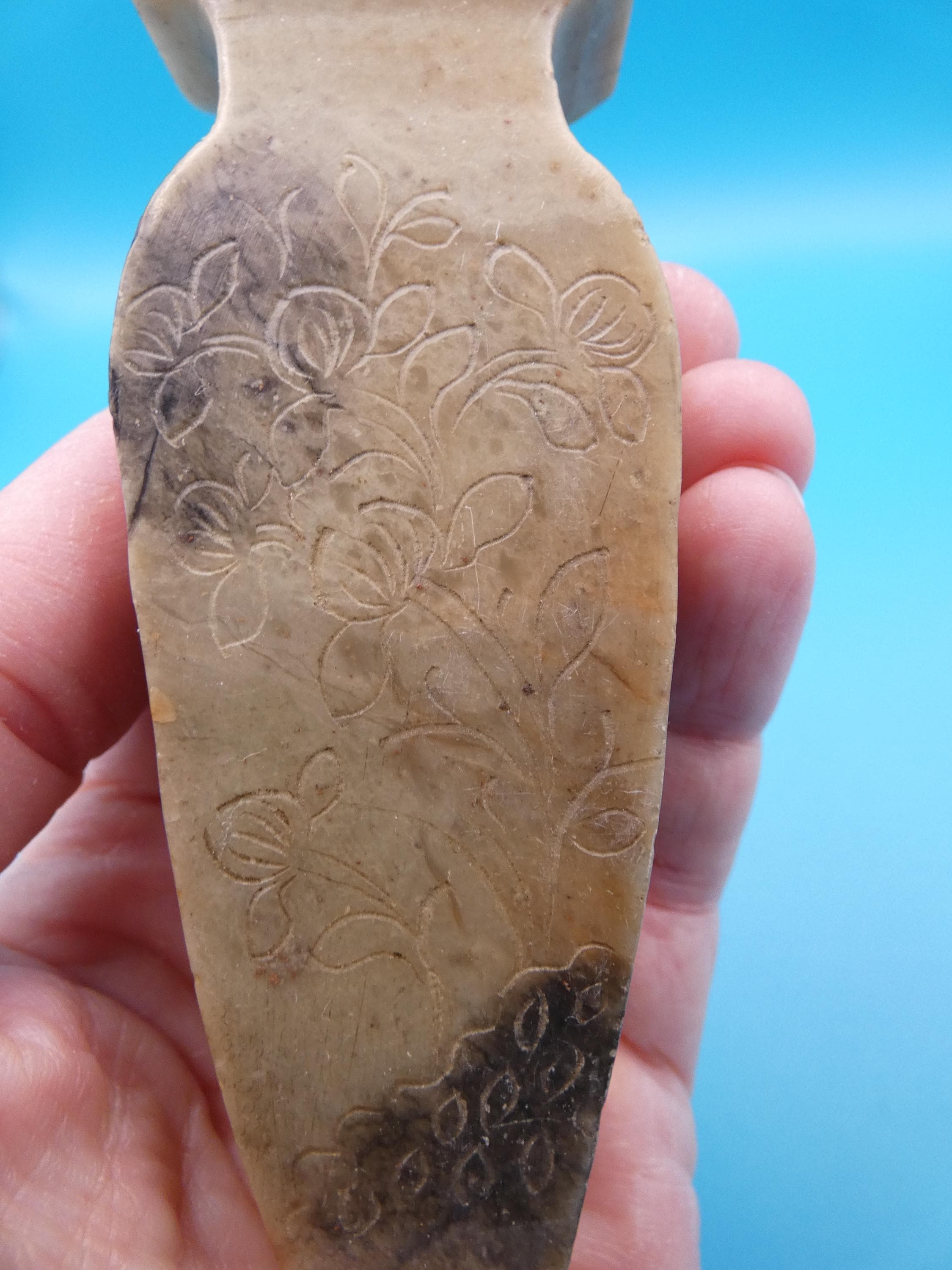 Two Small Carved Stone Vases: Etched Asian Floral Design - image 5