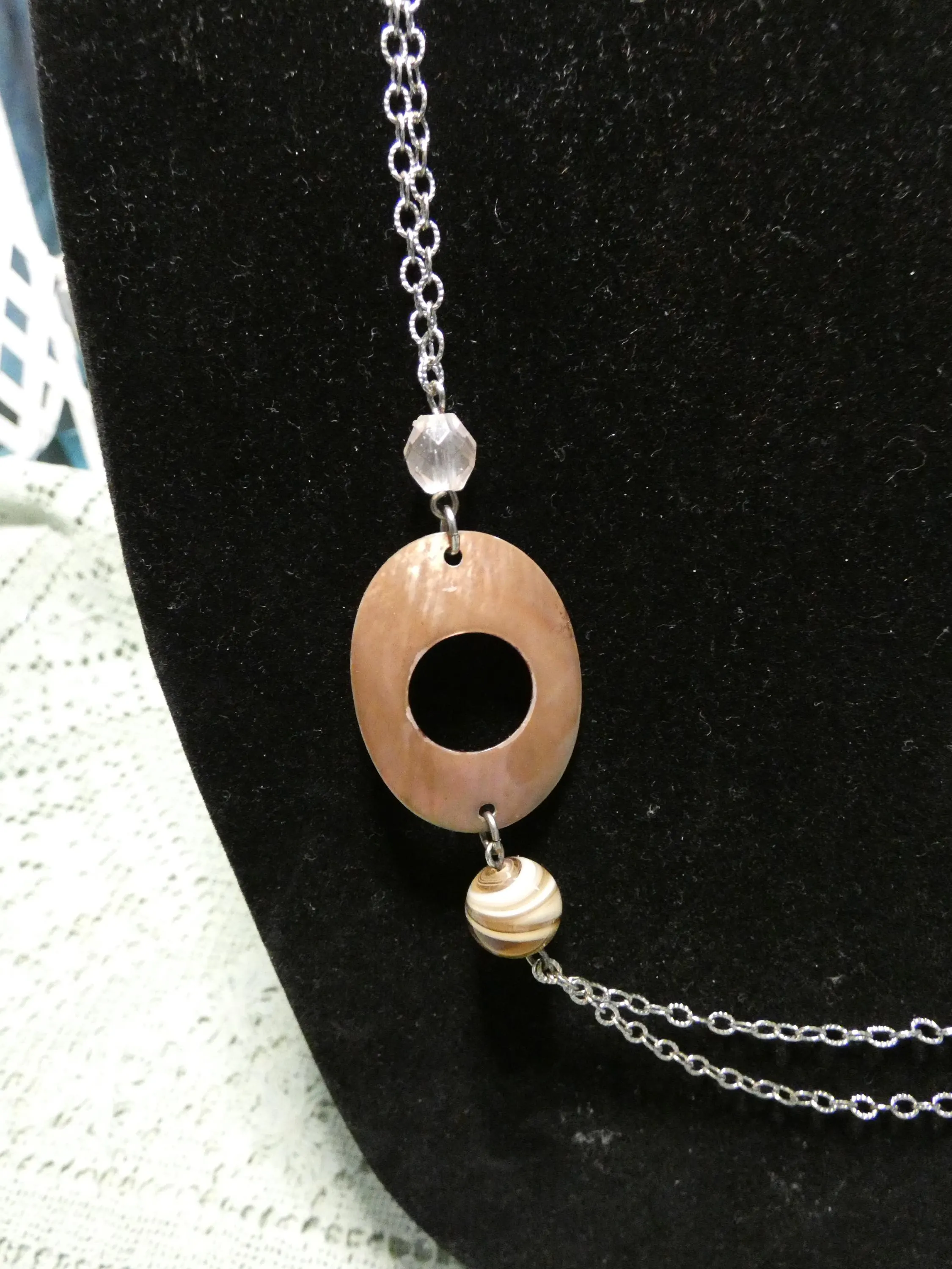 Vintage Lia Sophia Abalone Shell Necklace: Silver Tone Chain, Pink Glass Beads - image 3