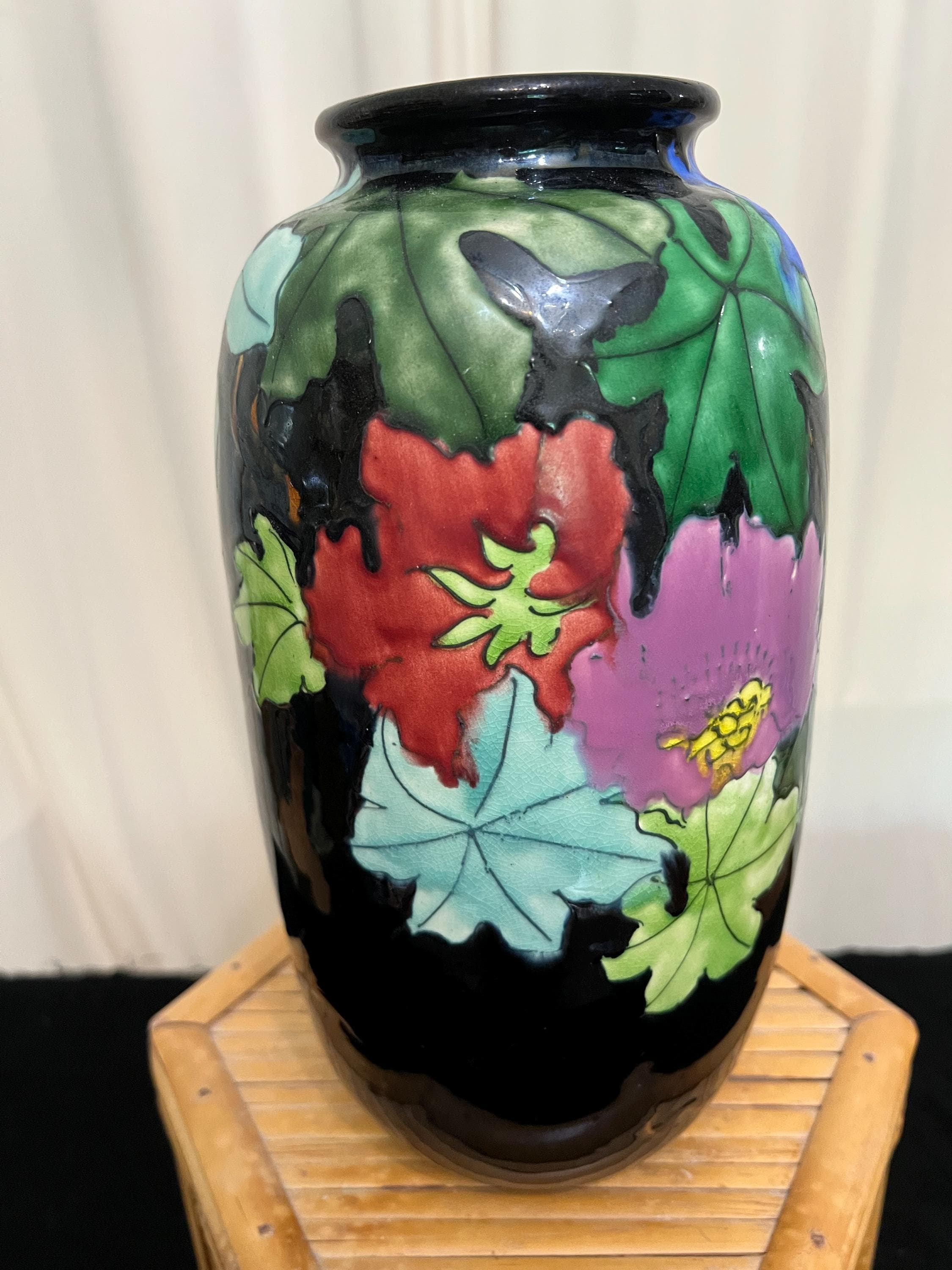Vintage Japanese Awaji Pottery Vase: Colorful Flowers Design