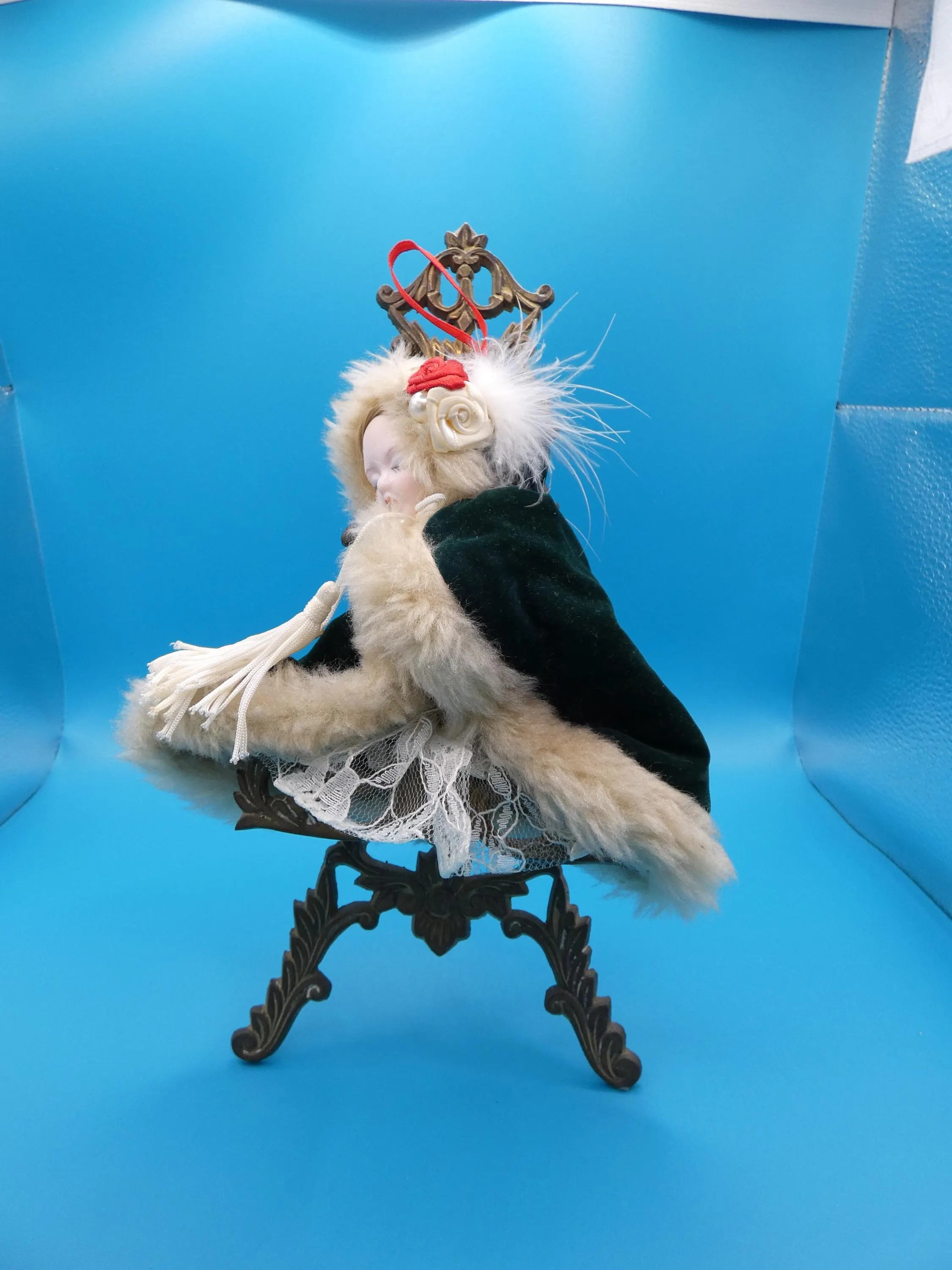 Vintage Christmas Ornament: Victorian Style Lady, Green Velvet Cloak - image 3