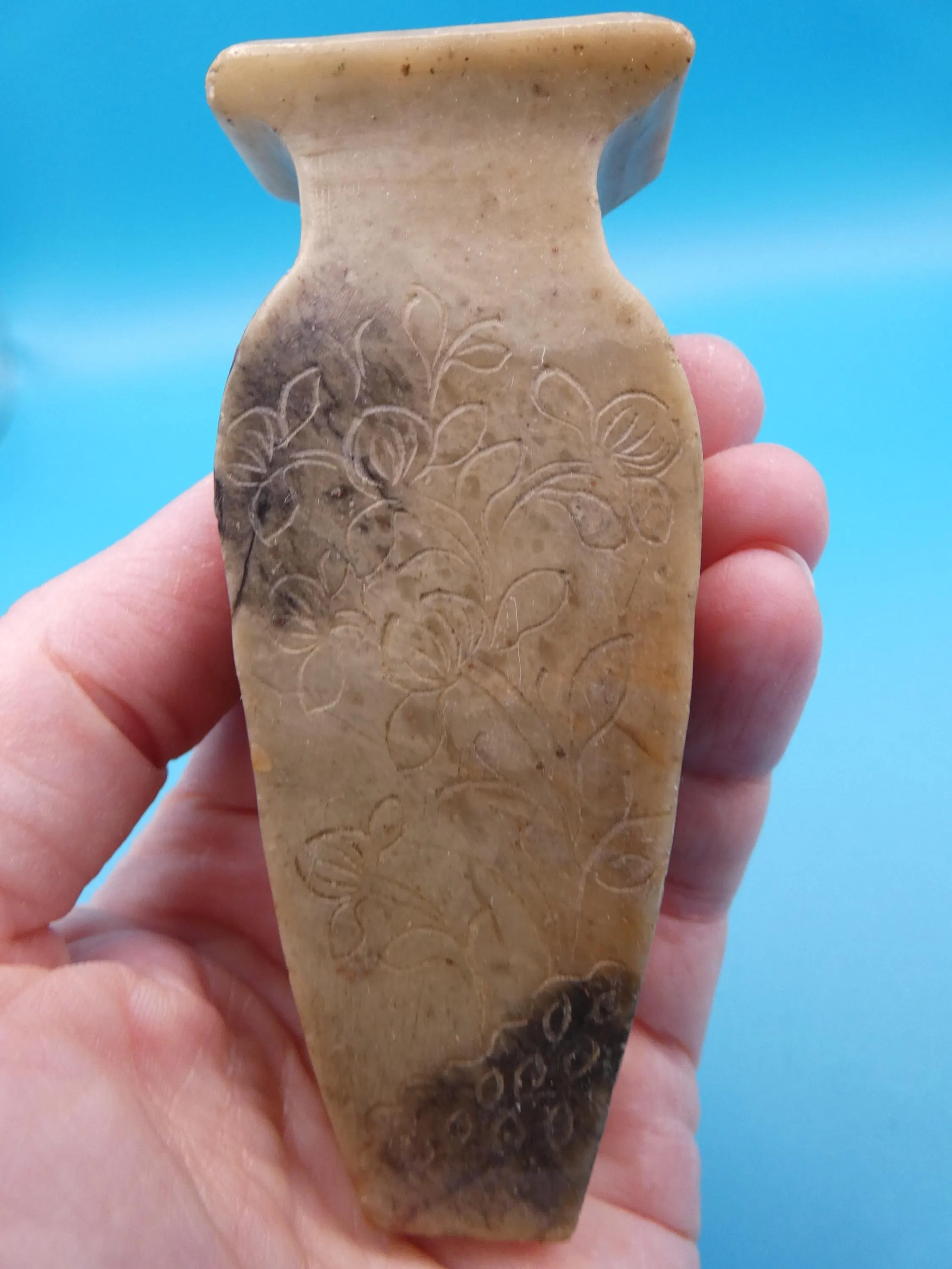 Two Small Carved Stone Vases: Etched Asian Floral Design - image 4