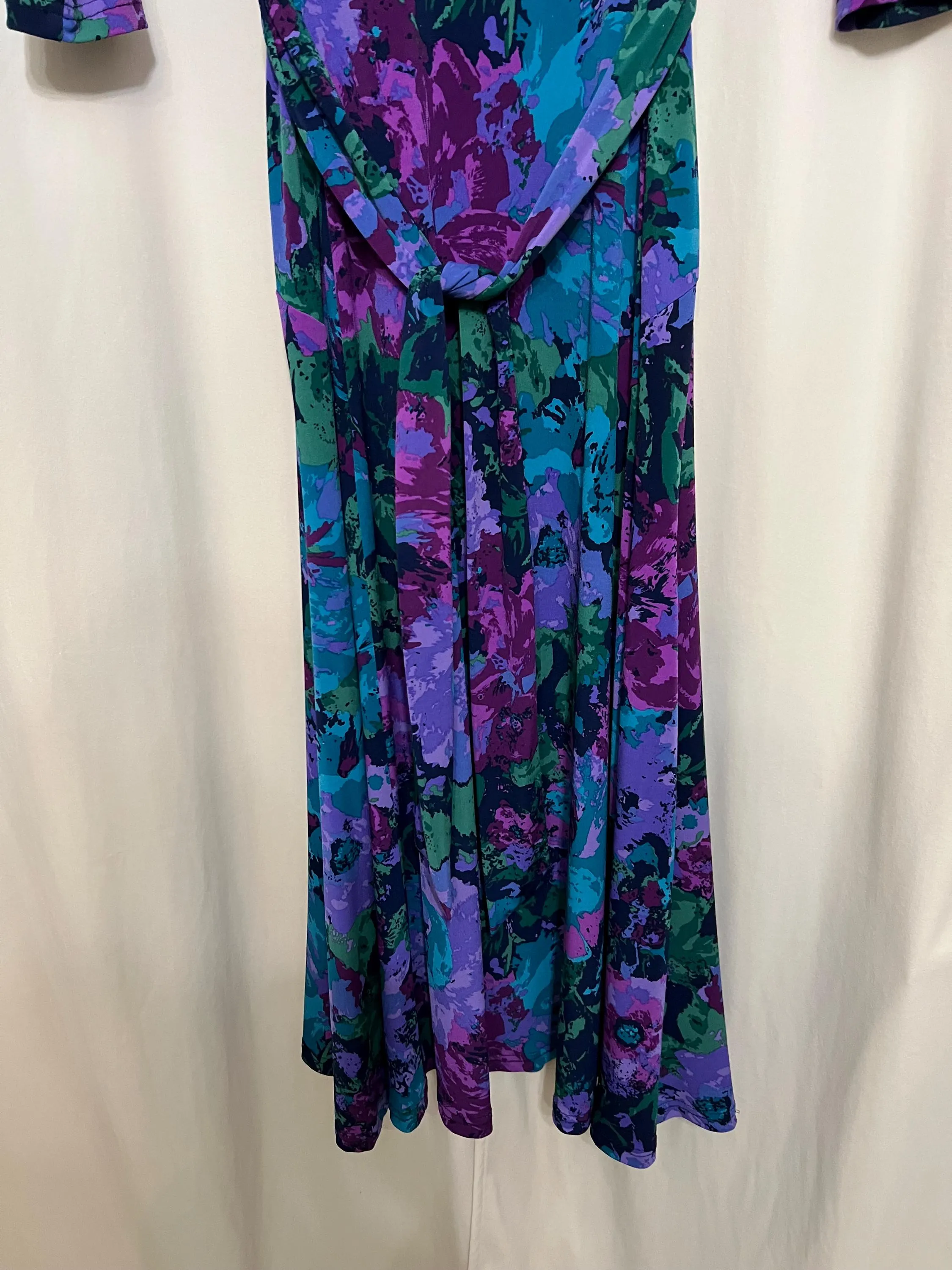Vintage Nina Leonard Dress: Purples, Blue, Teal, Green Floral Patterns, Tie Belt, Size Large - image 5