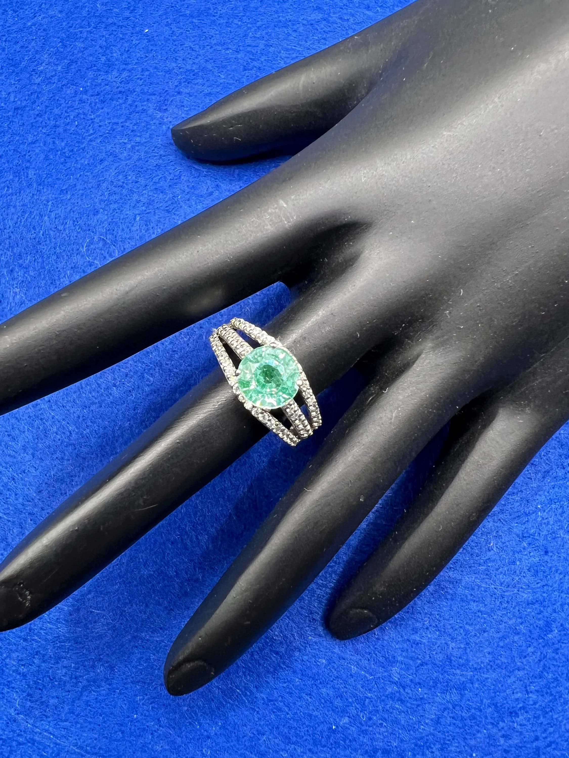 Vintage Sterling Silver Ring: Green Tourmaline With Sparkly CZs, Size 6 1/2