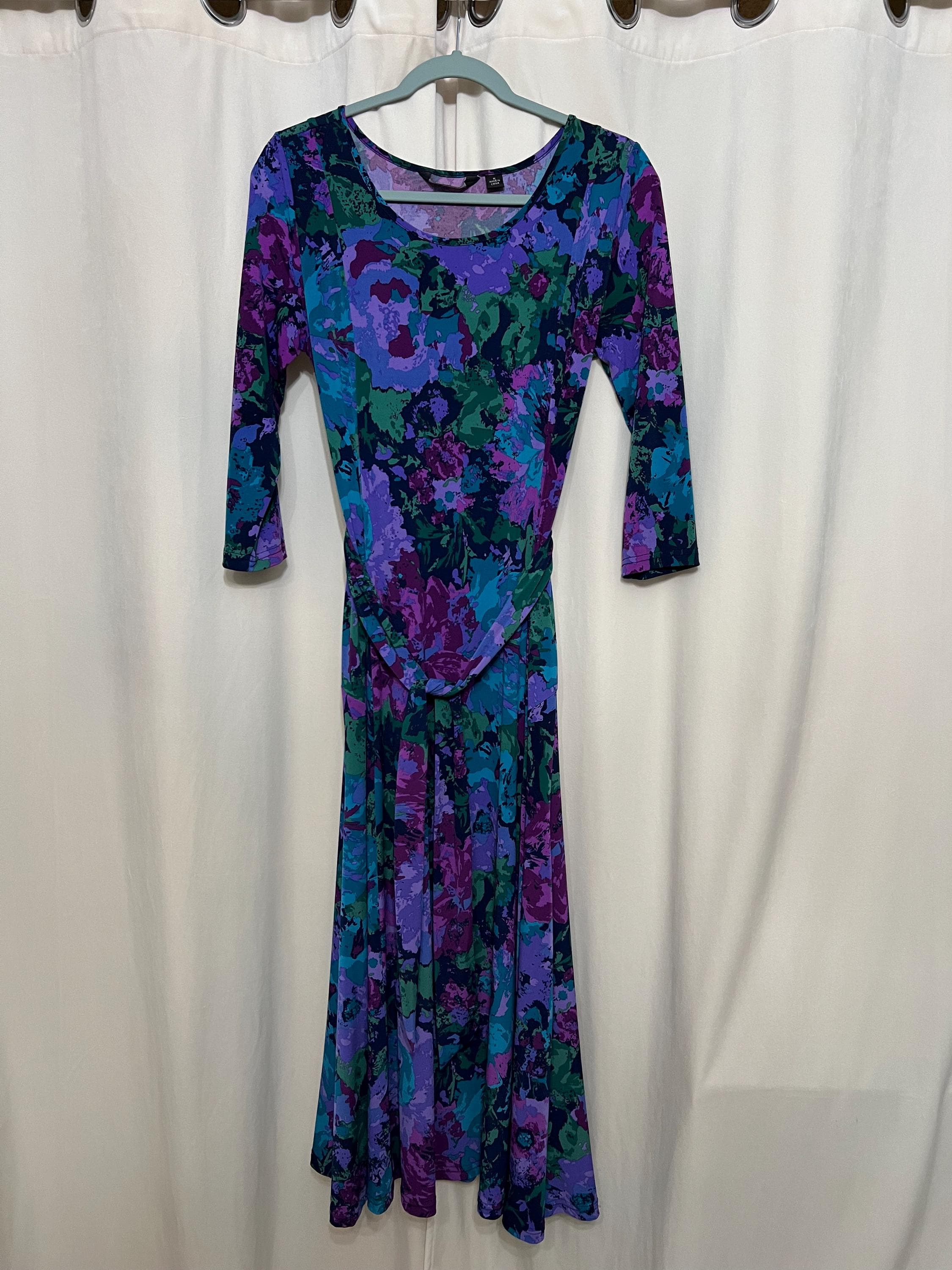 Vintage Nina Leonard Dress: Purples, Blue, Teal, Green Floral Patterns, Tie Belt, Size Large - image 3
