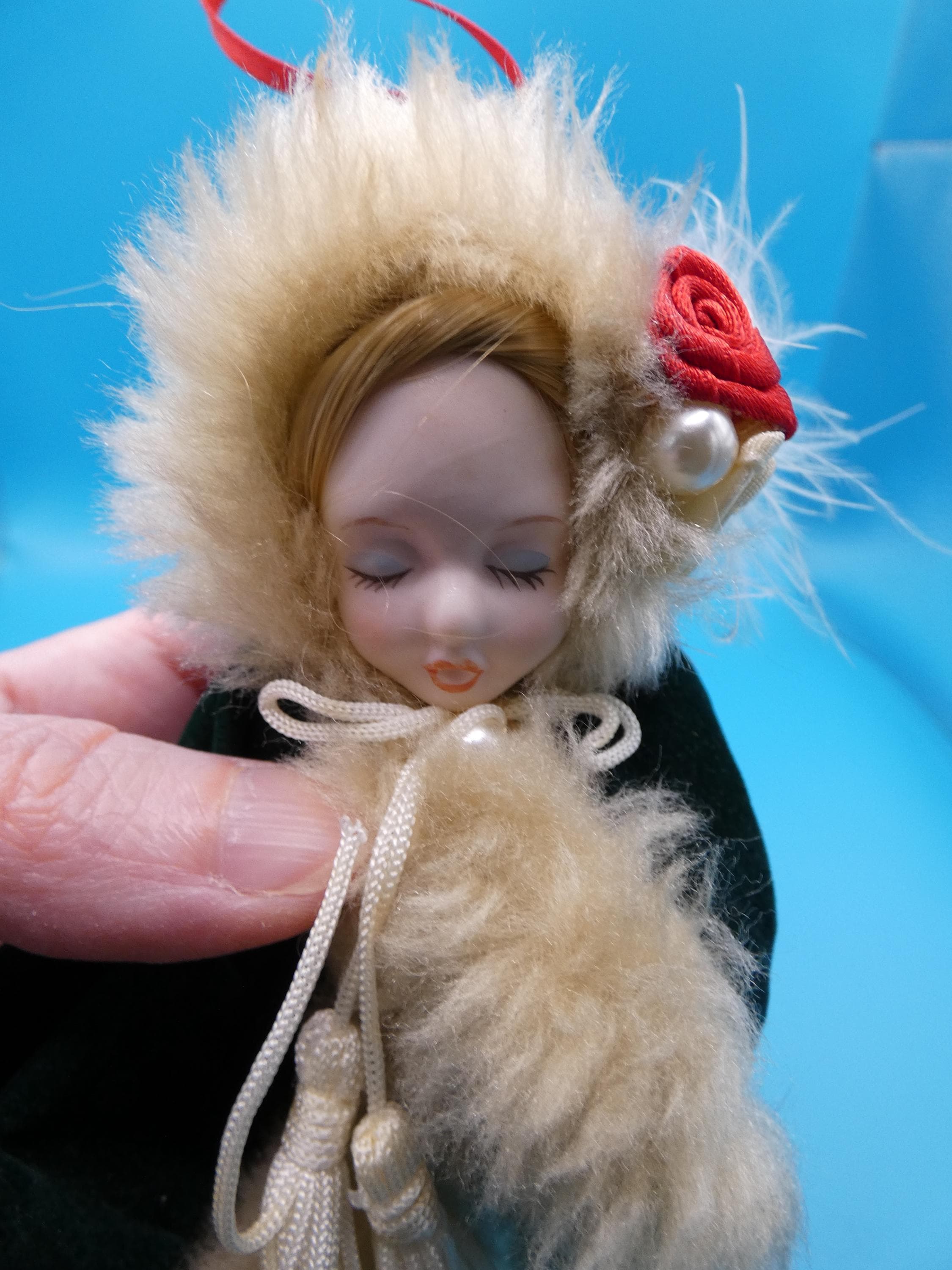 Vintage Christmas Ornament: Victorian Style Lady, Green Velvet Cloak - image 4