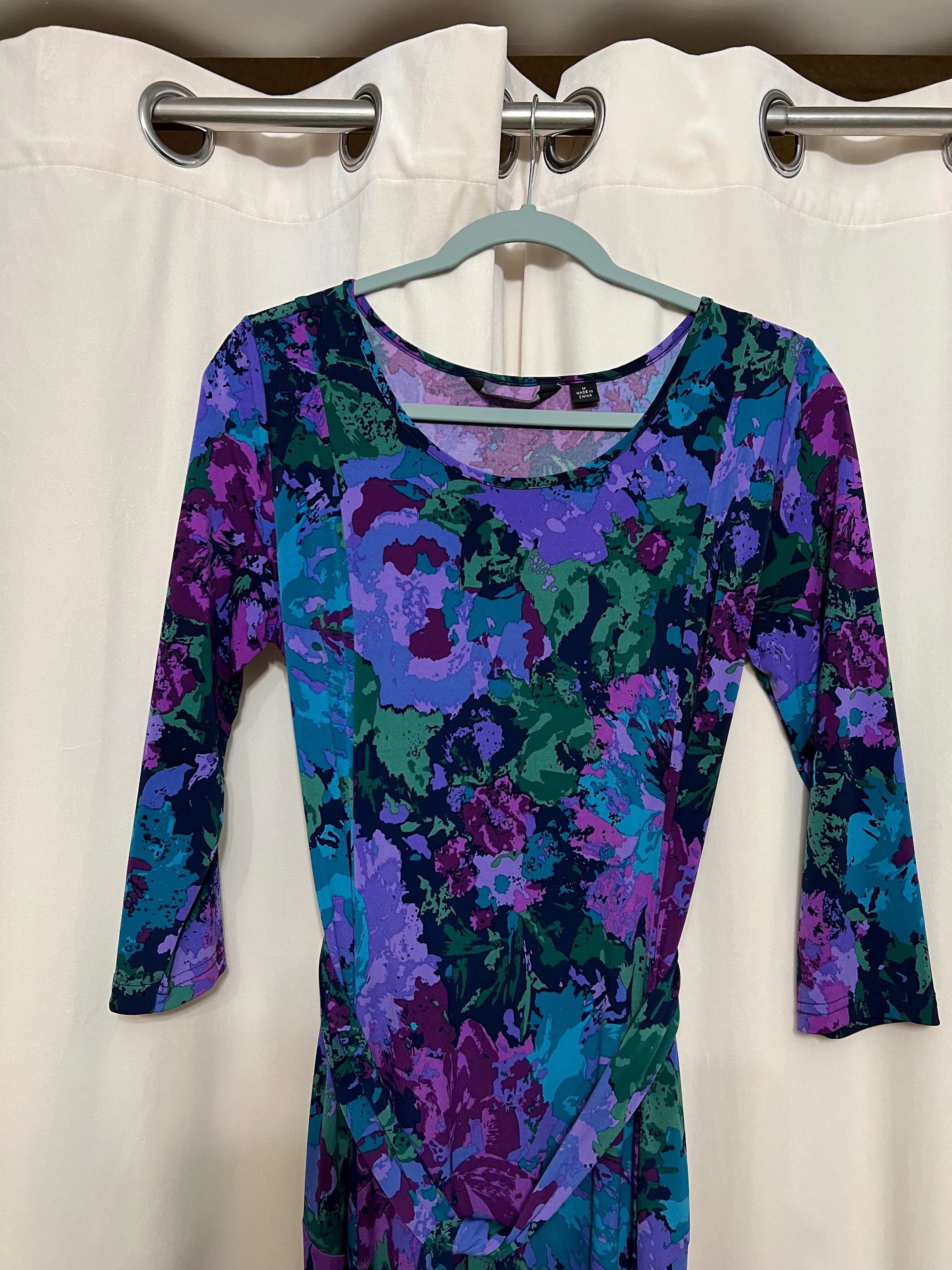 Vintage Nina Leonard Dress: Purples, Blue, Teal, Green Floral Patterns, Tie Belt, Size Large - image 4