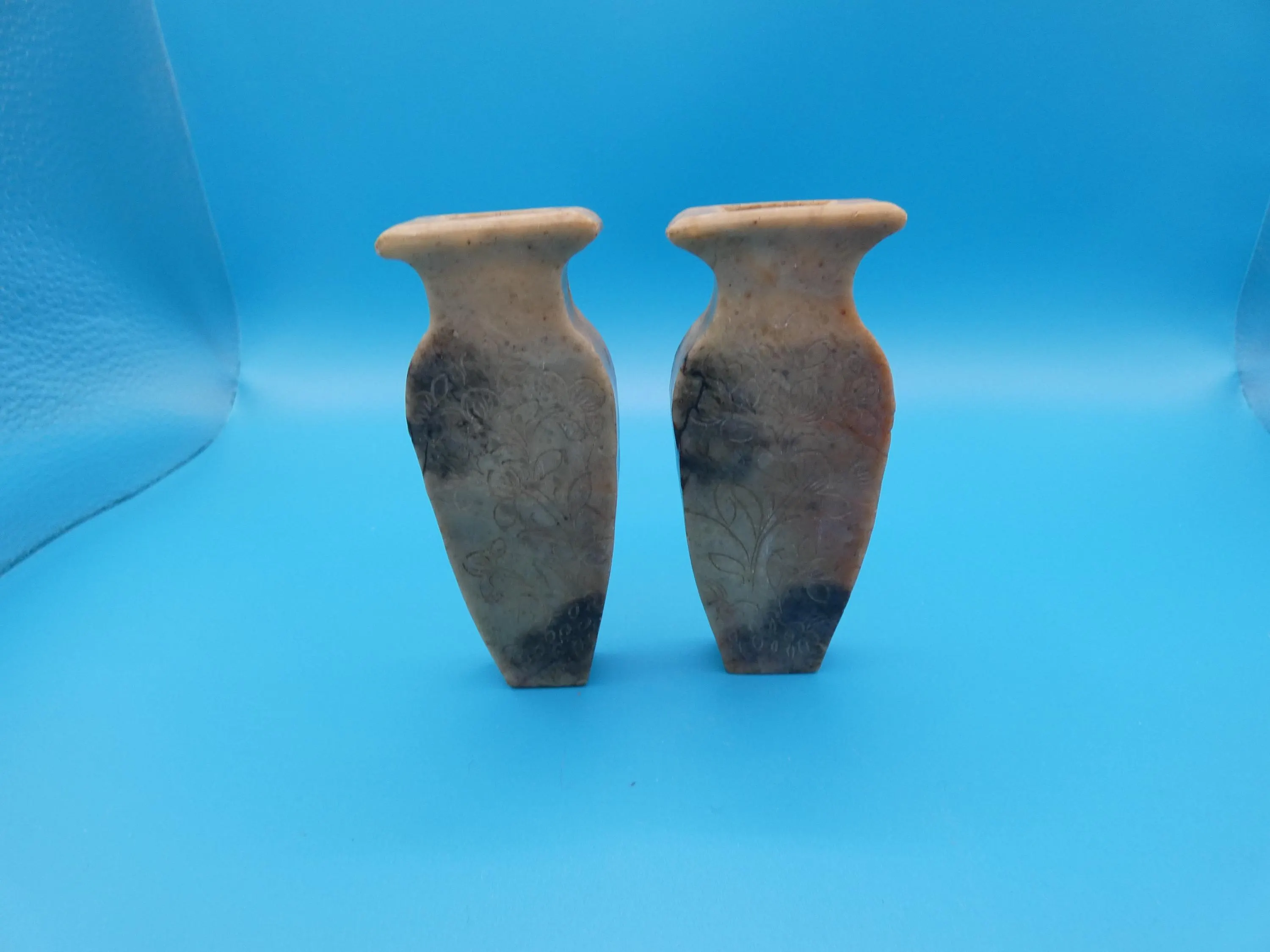 Two Small Carved Stone Vases: Etched Asian Floral Design - image 3