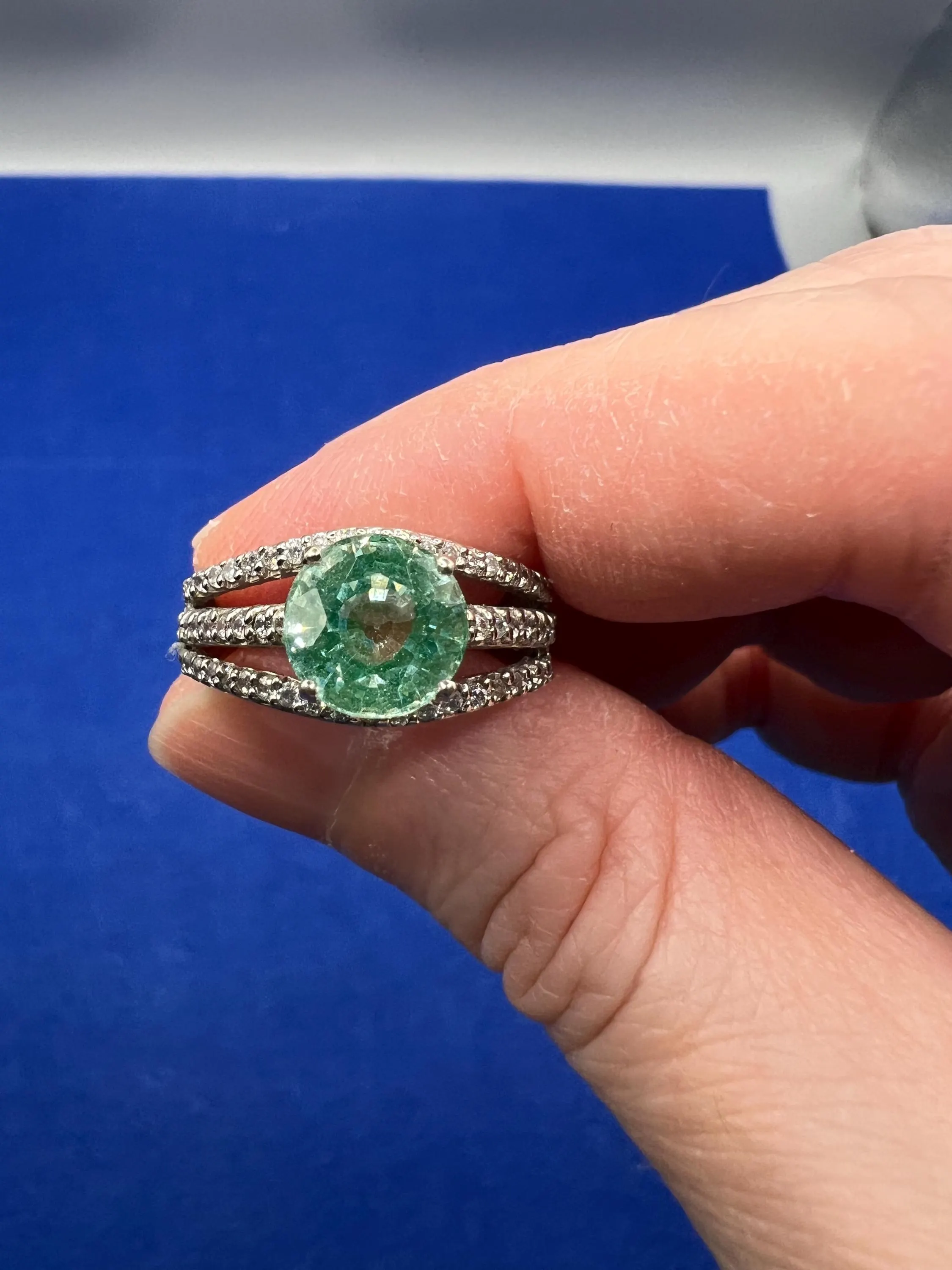 Vintage Sterling Silver Ring: Green Tourmaline With Sparkly CZs, Size 6 1/2 - image 3