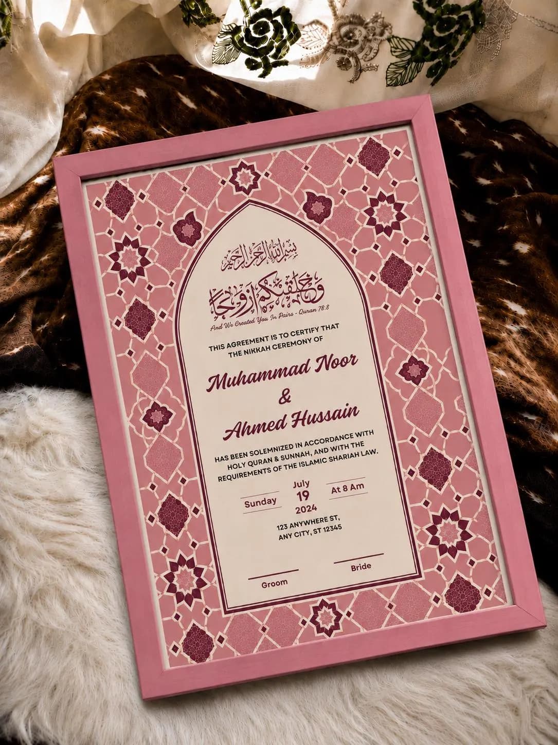 Editable Pink Nikkah Certificate Canva Template, Muslim Wedding Contract, A3 A4 Digital Download - image 3