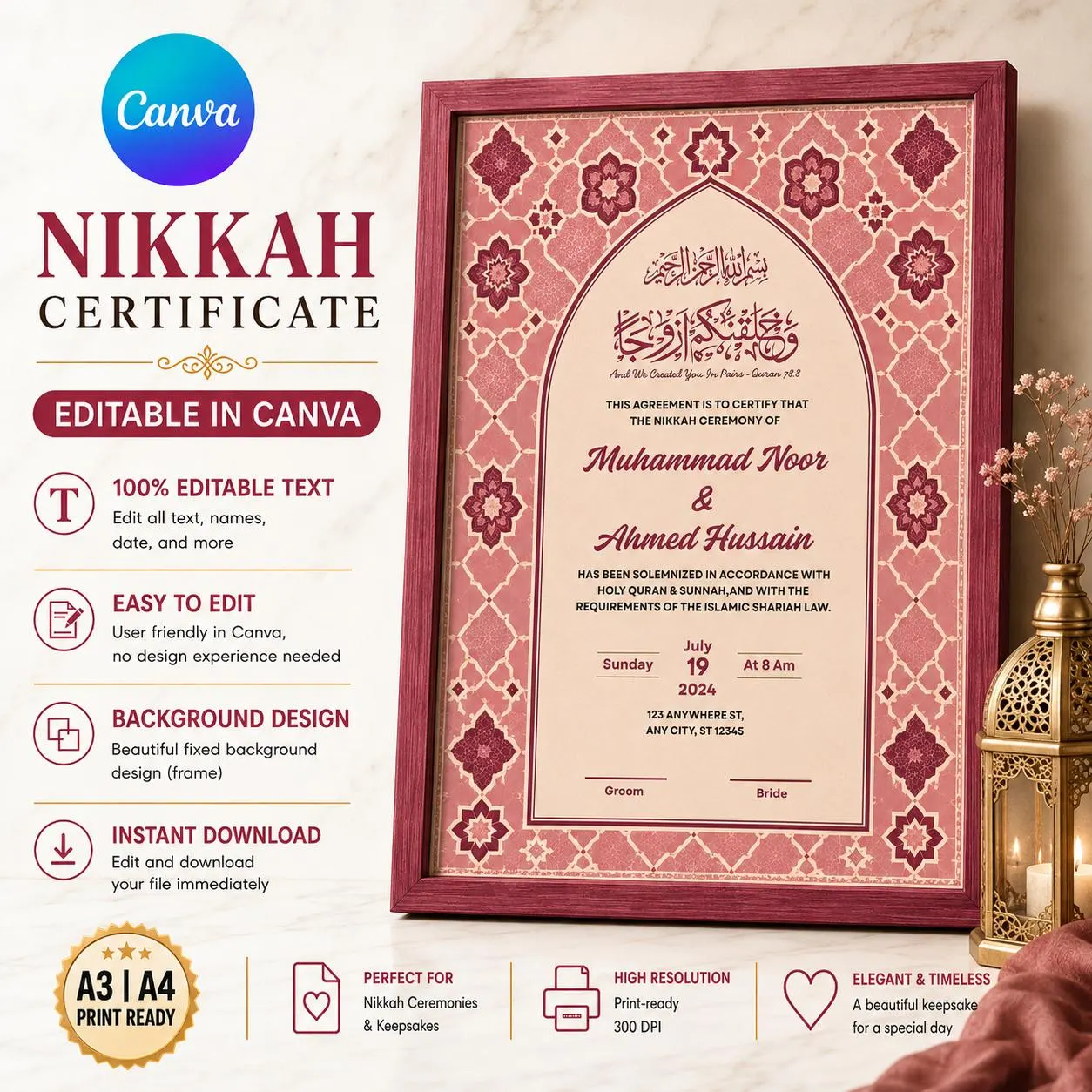 Editable Pink Nikkah Certificate Canva Template, Muslim Wedding Contract, A3 A4 Digital Download - image 5