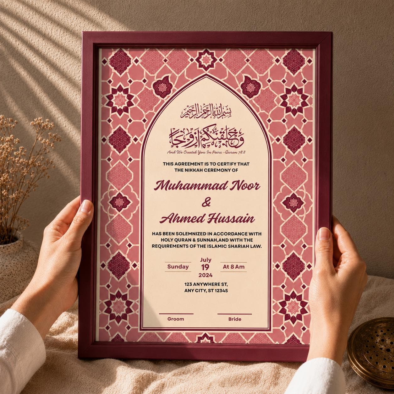 Editable Pink Nikkah Certificate Canva Template, Muslim Wedding Contract, A3 A4 Digital Download - image 4
