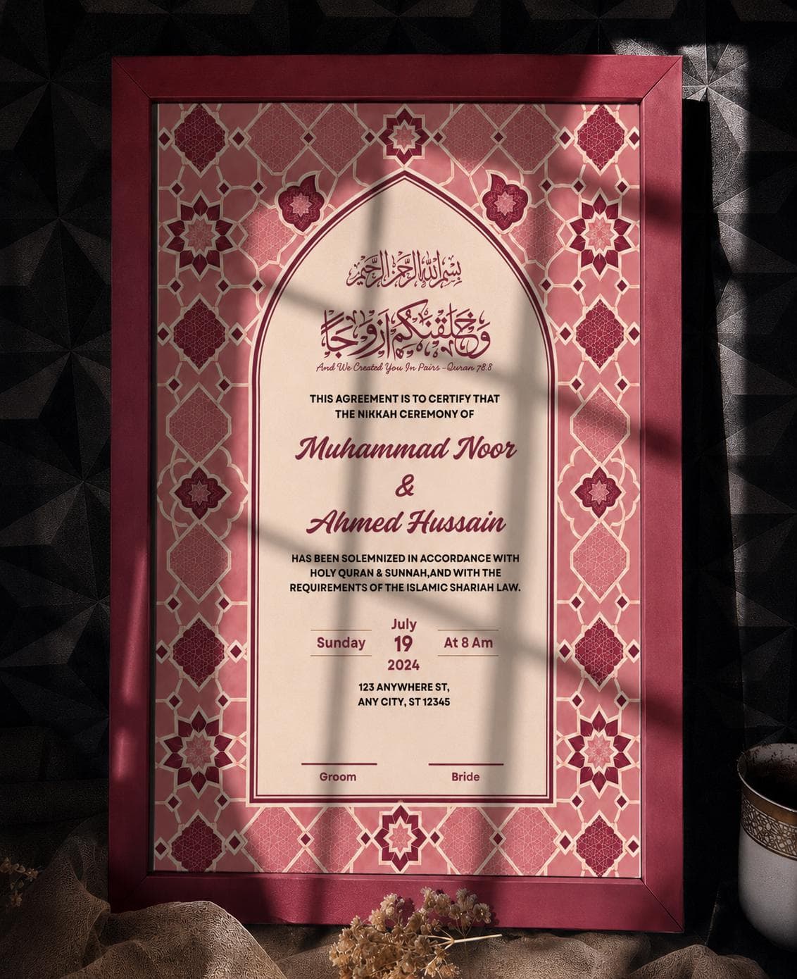 Editable Pink Nikkah Certificate Canva Template, Muslim Wedding Contract, A3 A4 Digital Download